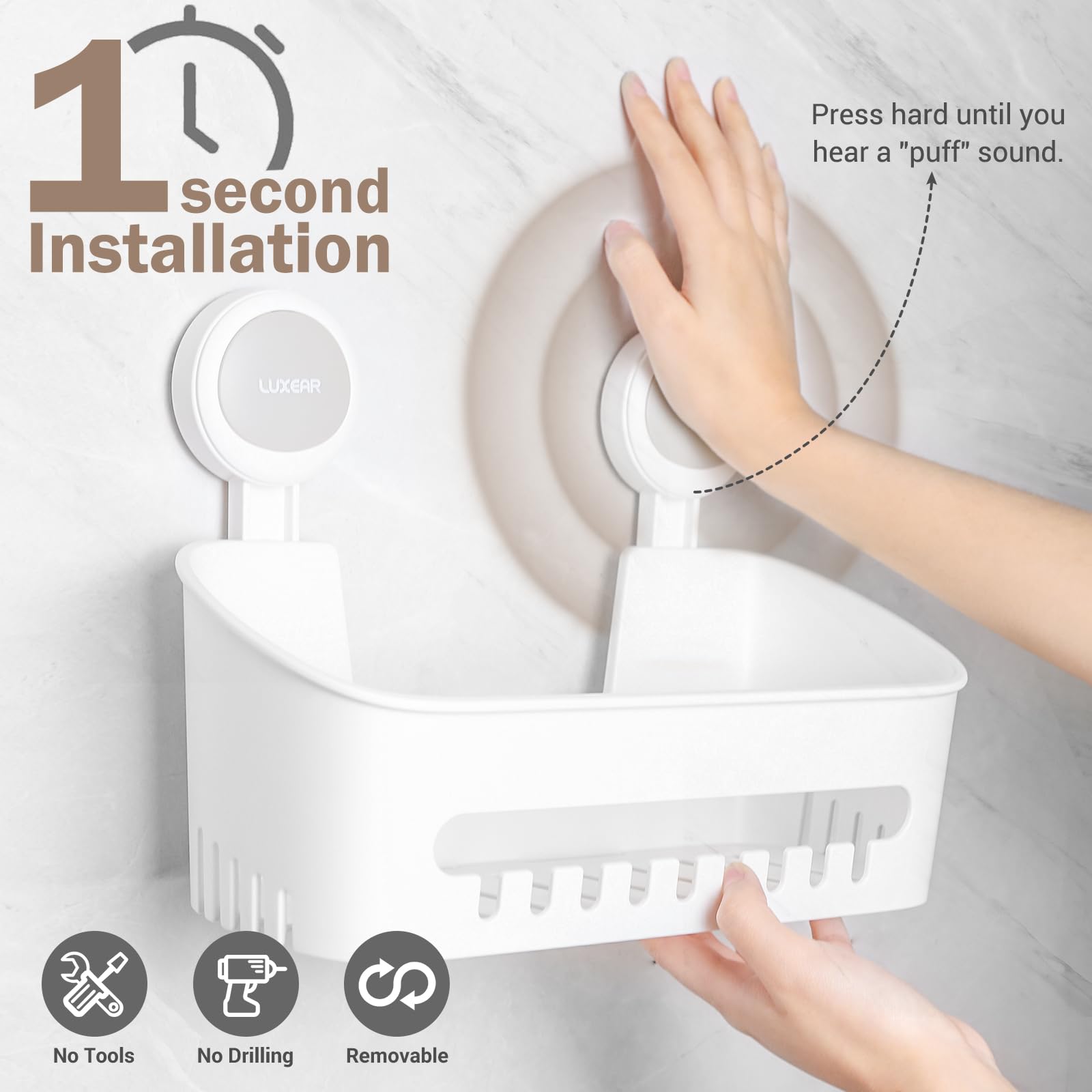 Luxear 4 Packs Shower Caddy Suction Cup Set - Shower Shelf+Soap Dish+Suction Hooks - 1 Second Installation No-Drilling Removable