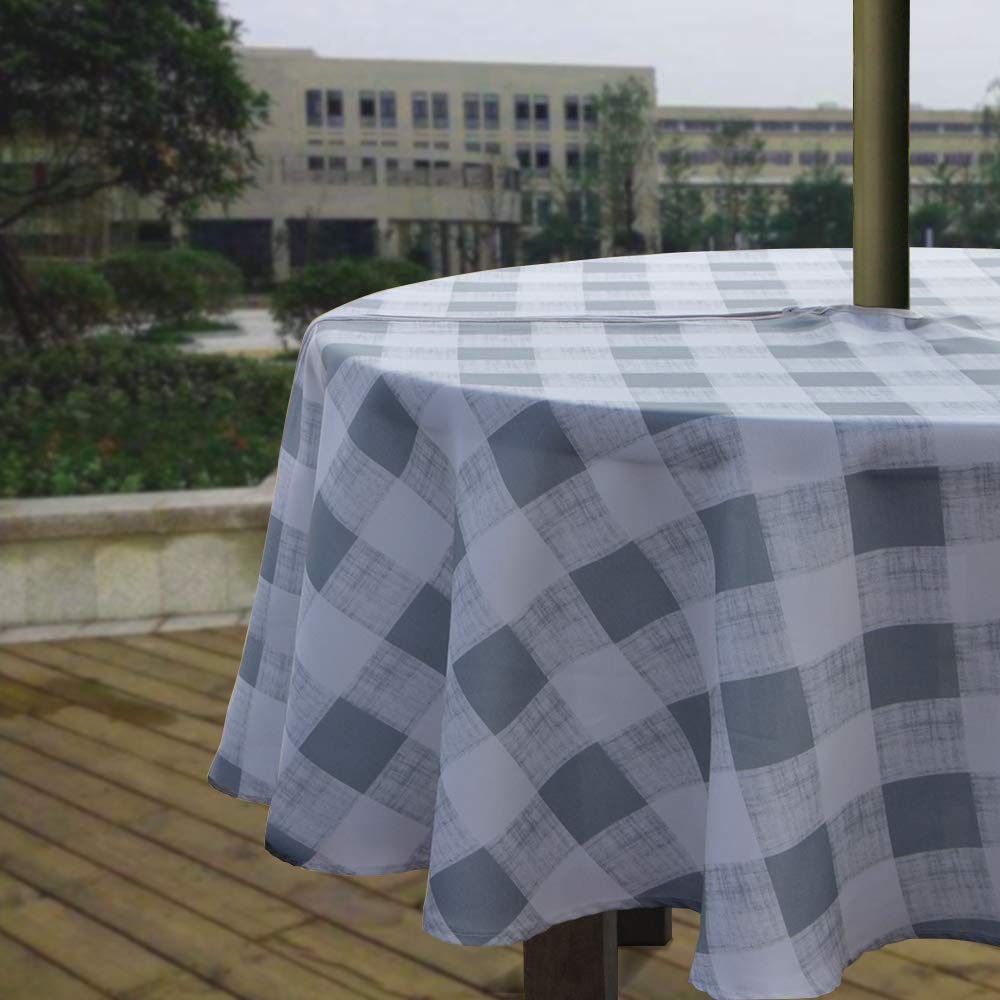 Melaluxe Spring/Summer Wrinkle-Free Waterproof Outdoor Tablecloth with Umbrella Hole and Zipper, Grey Checkered, 60 Round-Zipper