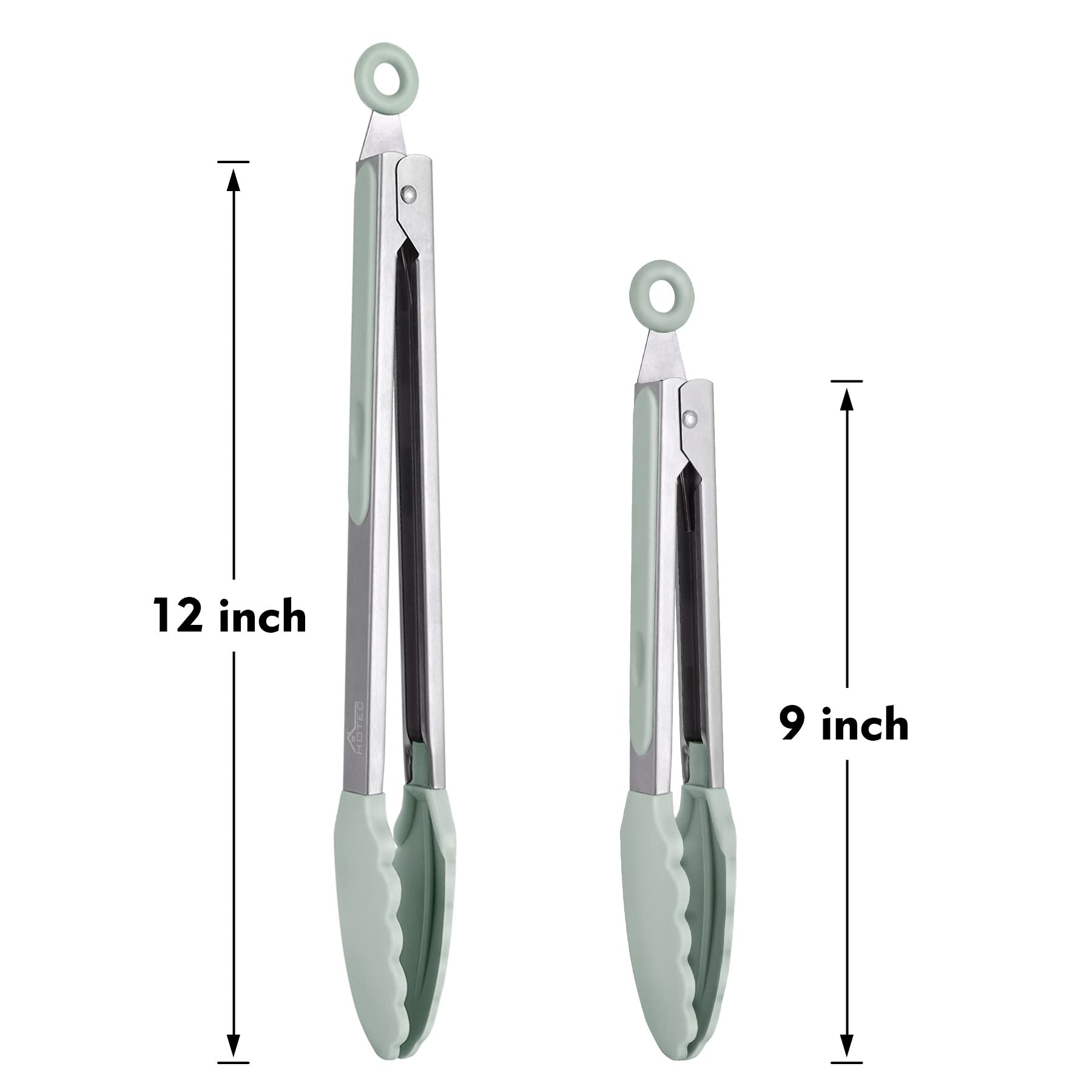 Hotec Premium Stainless Steel Locking Kitchen Tongs with Silicon Tips  Set of 2-9'' and 12'' Light Green