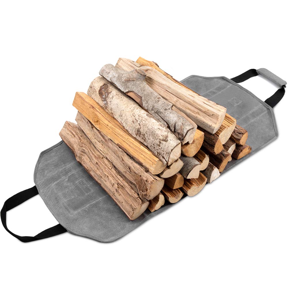Amagabeli Firewood Carrier Tote Waxed Canvas Log Tote Carrying Bag Wood Carrier Bag with Handles Security Strap for Camping Indoor Firewood Logs Tote Log Holder Birchwood Stand Gray BG291