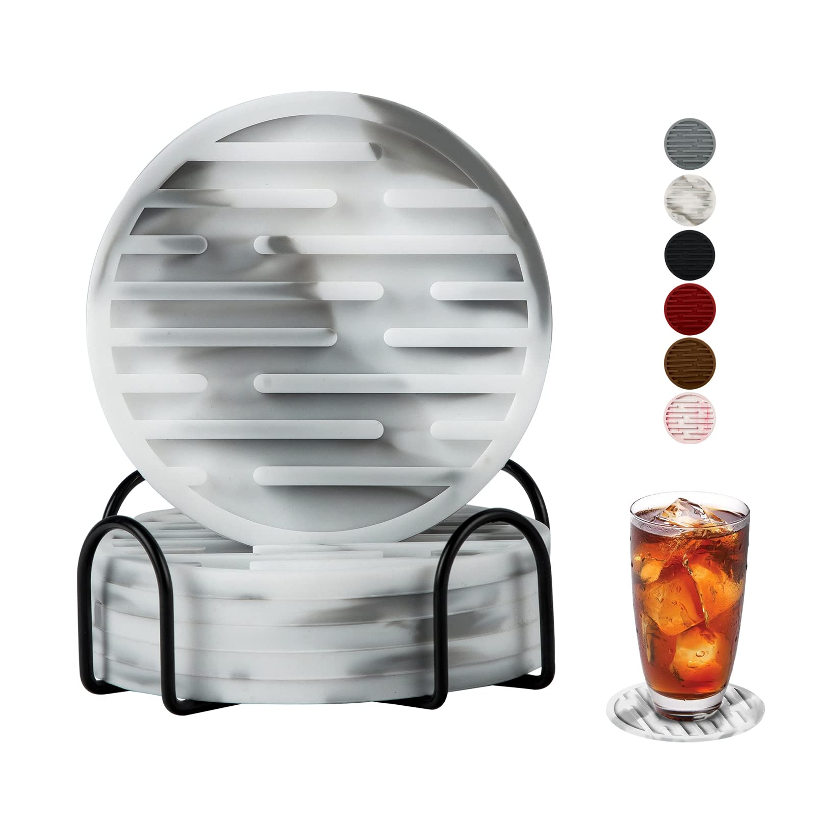 Amoowis Coasters For Drinks, Silicone Coasters Set Of 6, Drink Coasters For Coffee Table With Holder, Coaster For Wooden Table,