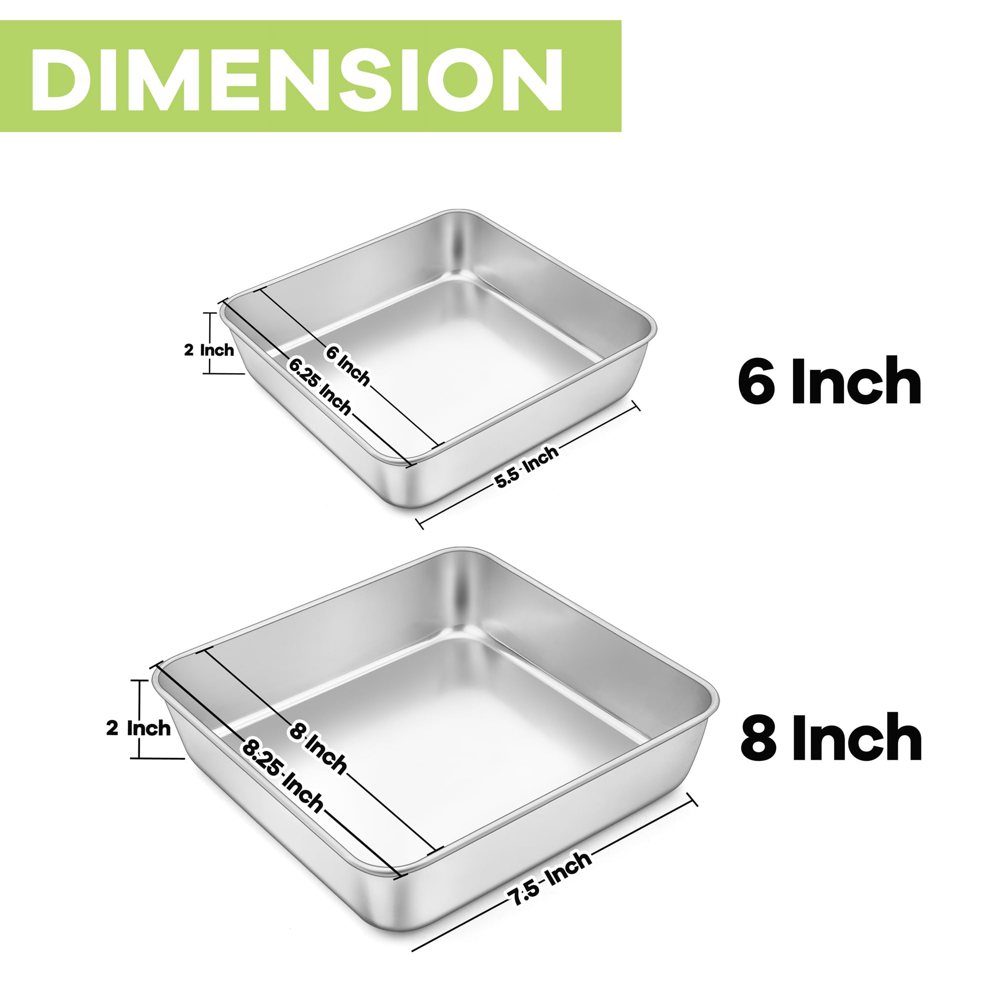 Teamfar Square Cake Pan, Stainless Steel 6 & 8 Inch Square Baking Pan For Brownie Lasagna, Non-Toxic & Heavy Duty, One Piece Des