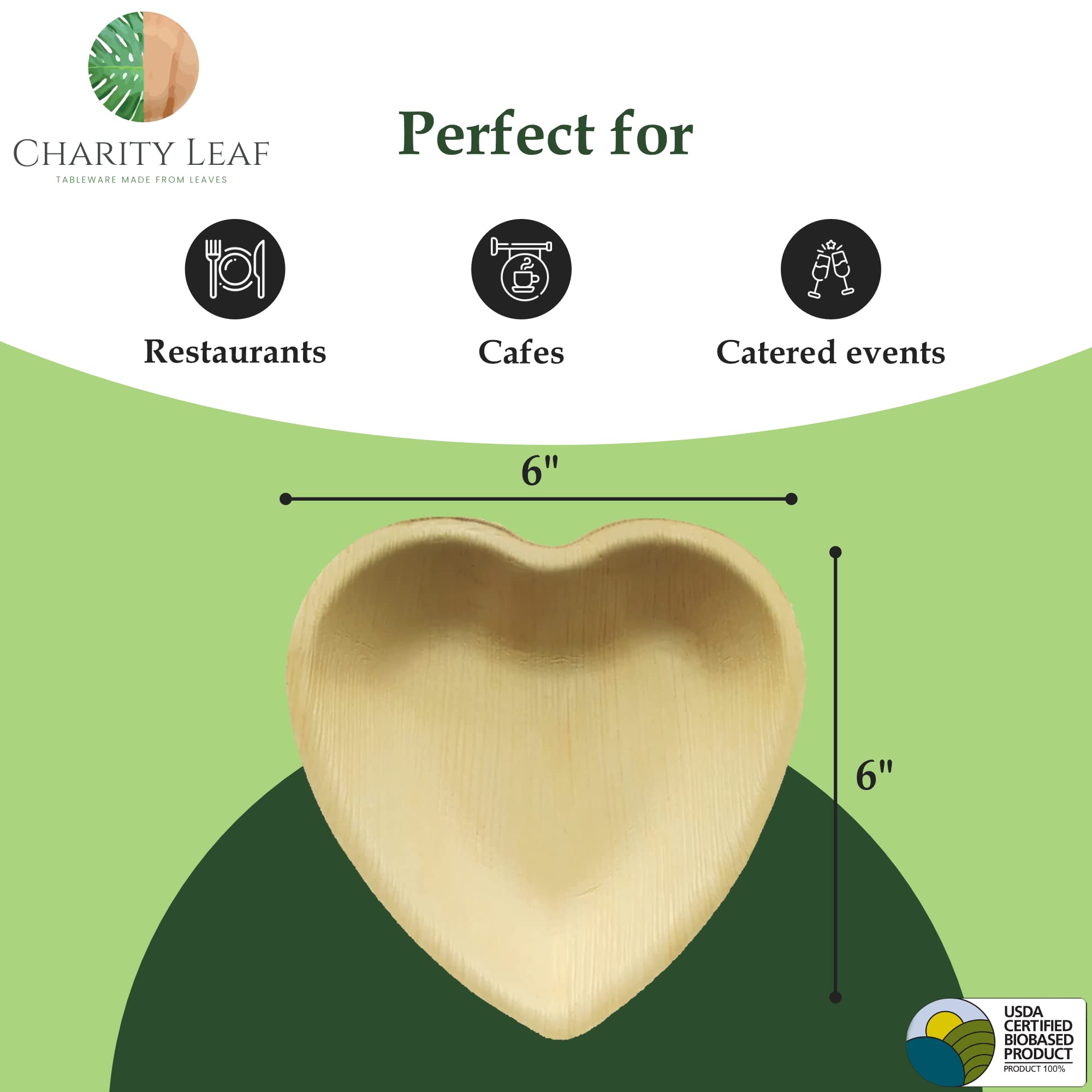 Charity Leaf Disposable Palm Leaf 6'' Heart Plates (25 Pieces) Bamboo Like Serving Platters, Disposable Boards, Eco-Friendly Din