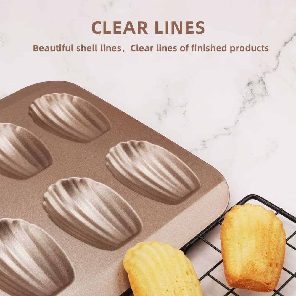 2 Pack Madeleine Pans For Baking, 12 Cavity Heavy Duty Shell Shape Baking Mold Nonstick Cookie Cake Pan For Oven(Gold)