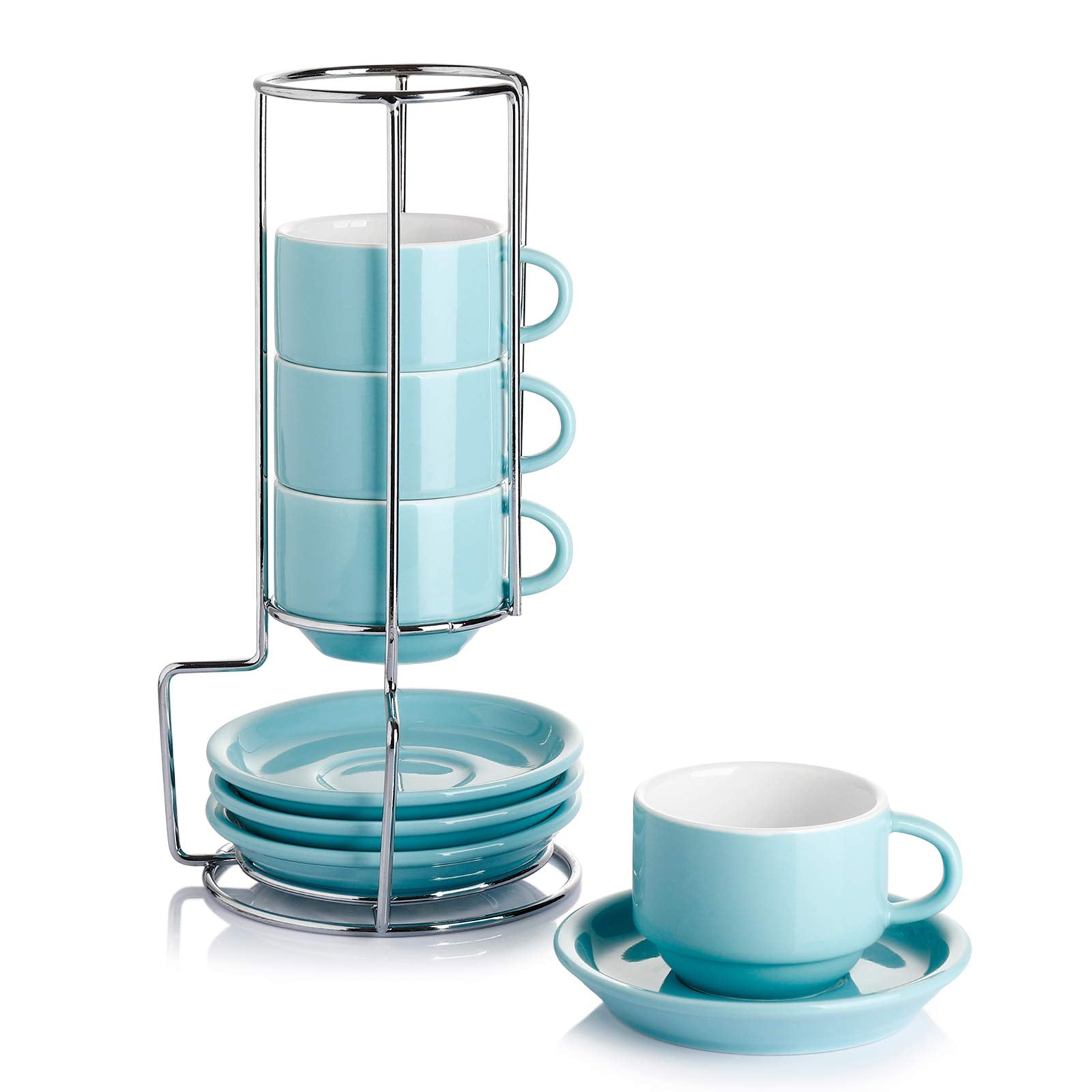 Sweese 4 Ounce Porcelain Stackable Espresso Cups With Saucers And Metal Stand Set Of 4, Turquoise
