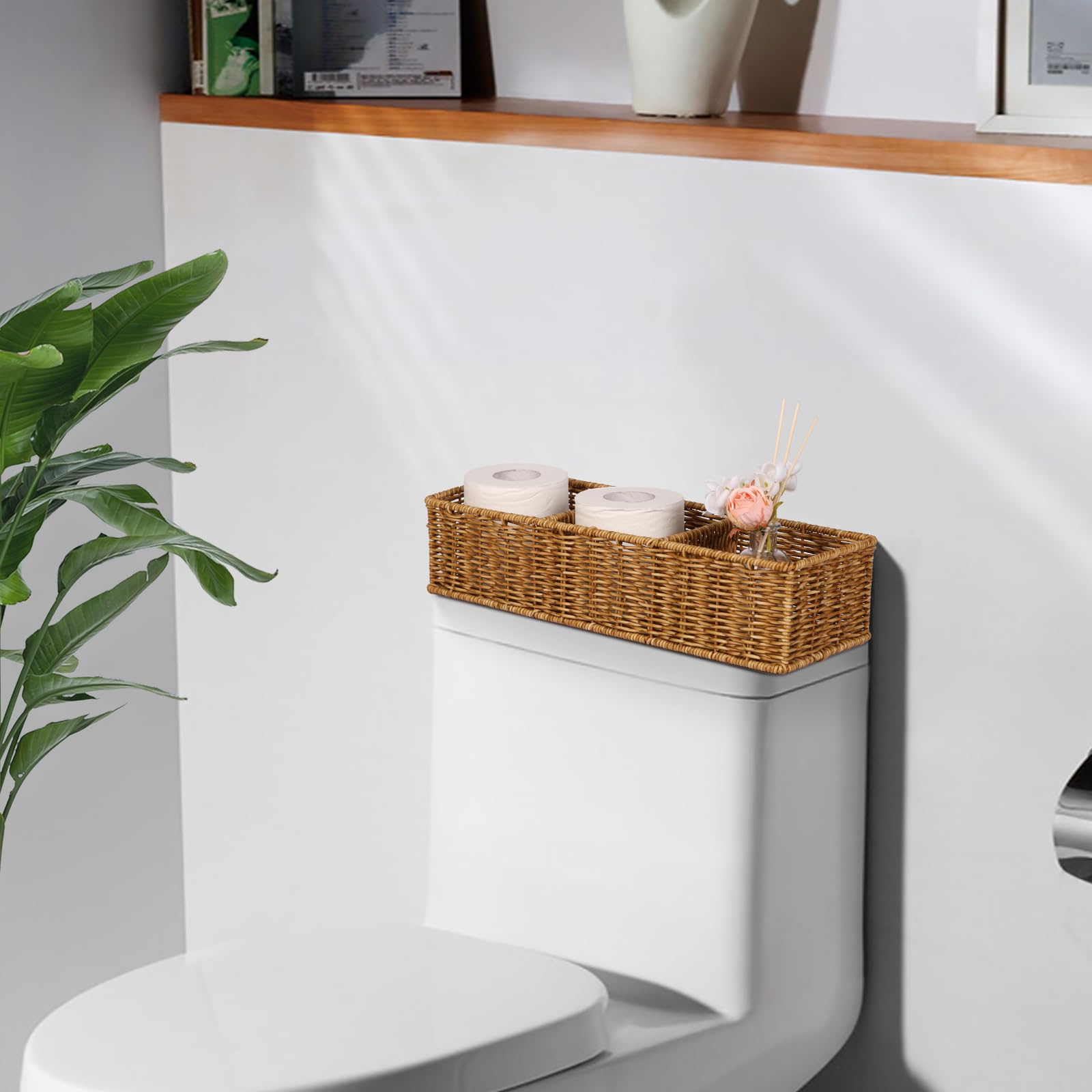 Wicker Toilet Paper Basket: 3 Water-resistant Compartments Organizer - Extra-Large Storage for Bulk Rolls & Toiletries (Farmhous