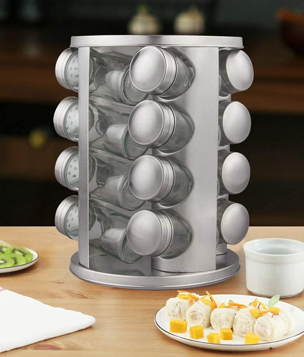 Olpad Spice Carousel With 16 Spice Jars (Without Contents), Stainless Steel Spice Rack, 360 Rotatable Spice Rack, Standing Spice