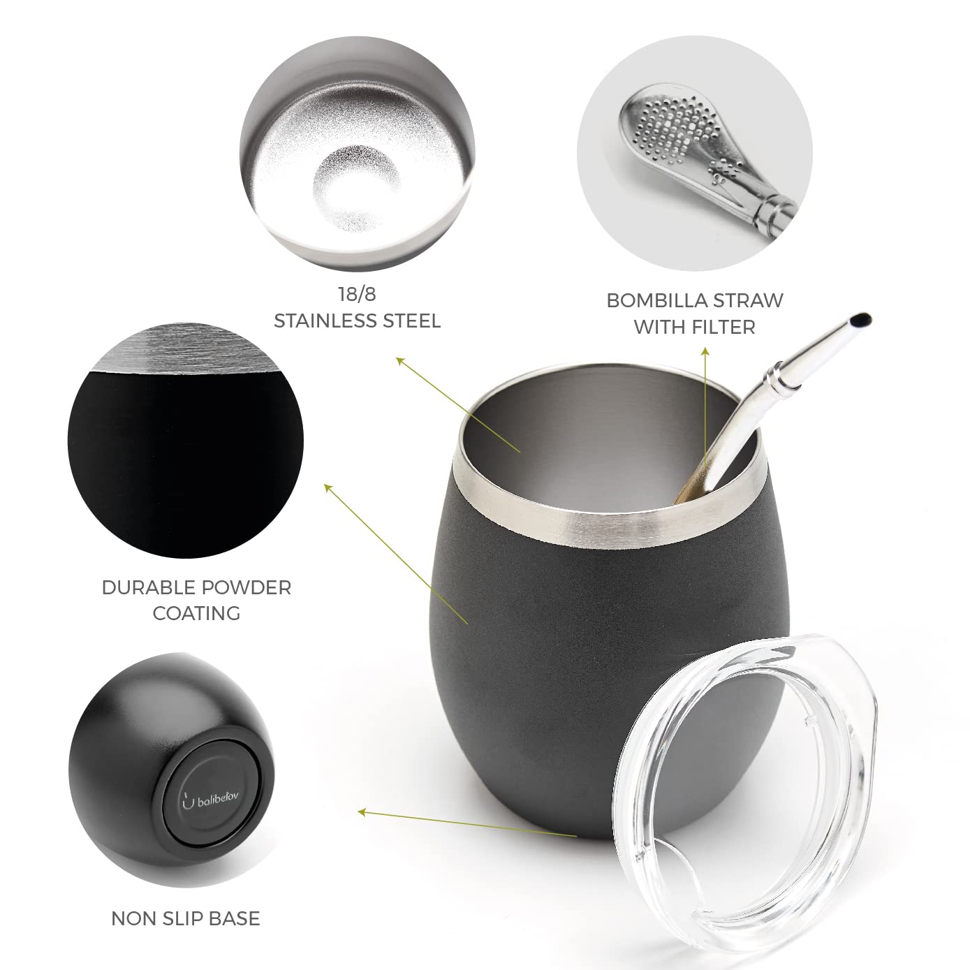 Balibetov Modern Mate Cup And Bombilla Set (Yerba Mate Cup) -Yerba Mate Set Includes Double Walled 18/8 Stainless Steel Mate Tea