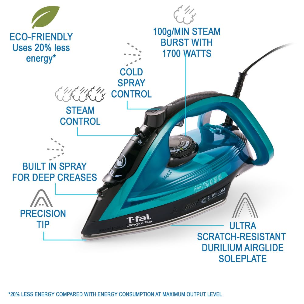 T-fal Ultraglide Steam Iron 1800W, Durilium Soleplate, Precision Tip, Anti-Drip, Auto-Off, Teal/Black, Model FV5841U0
