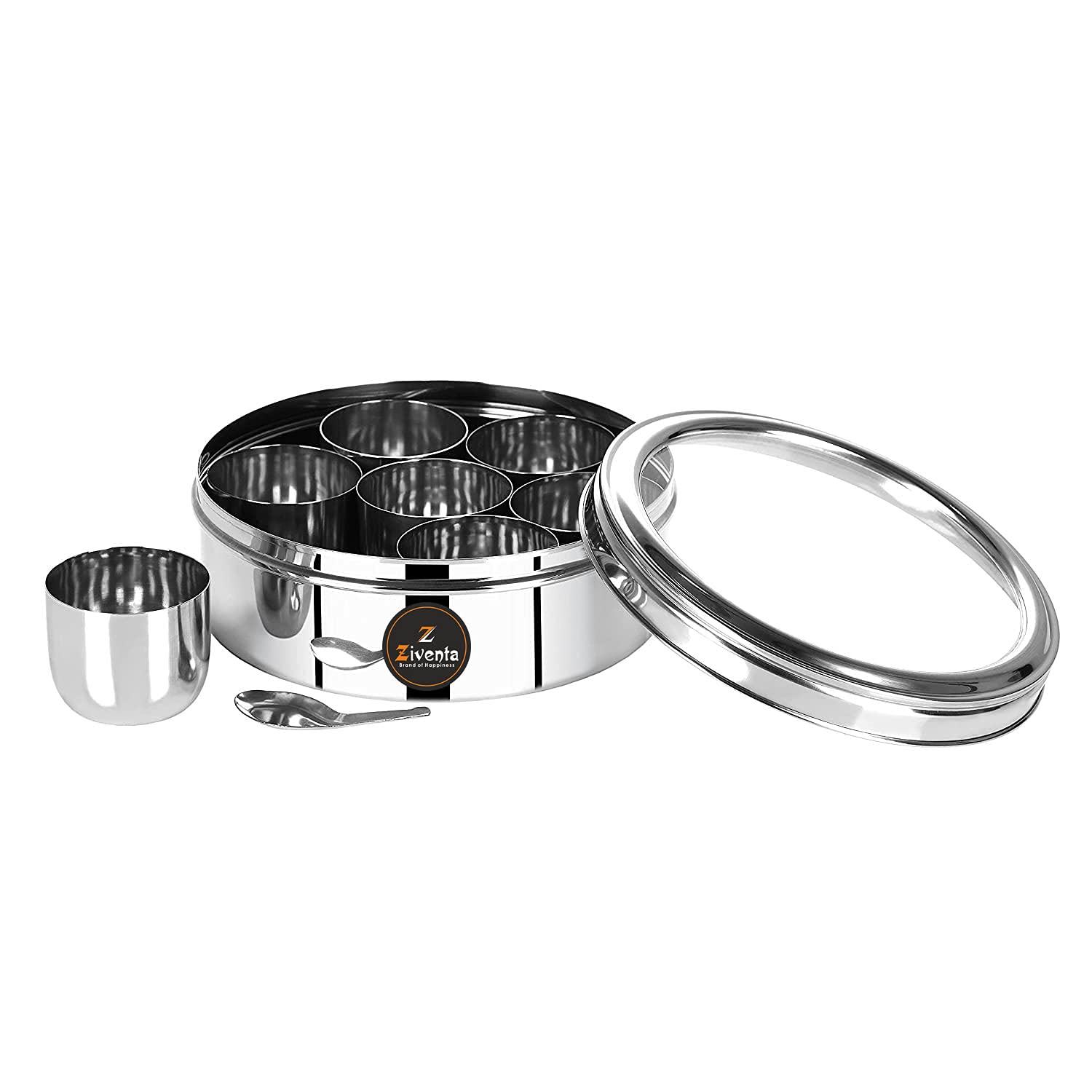 Ziventa Spice Box/Masala Dabba/Spice Organiser/Masala Box,100% Stainless Steel, See Through Lid With 7 Containers, And Small Spo