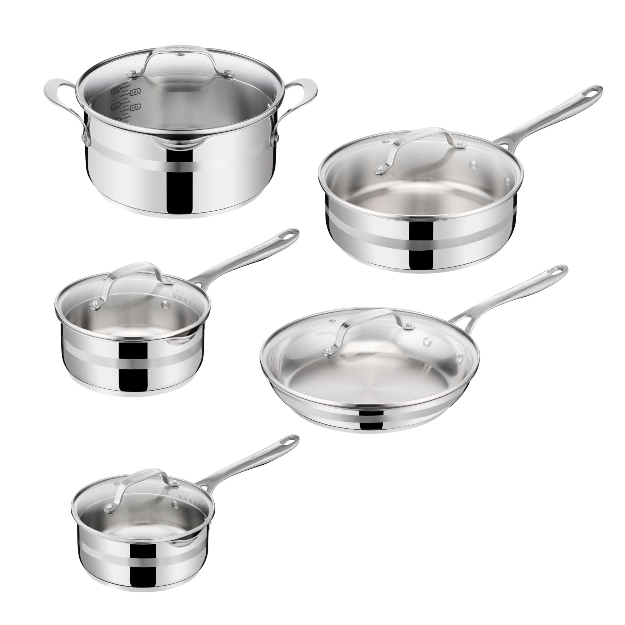 Jamie Oliver by T-fal Cook Smart 10-Piece Cookware Set, Uncoated Stainless Steel, Robust, Fast Heating, Even Cooking, Riveted Ha