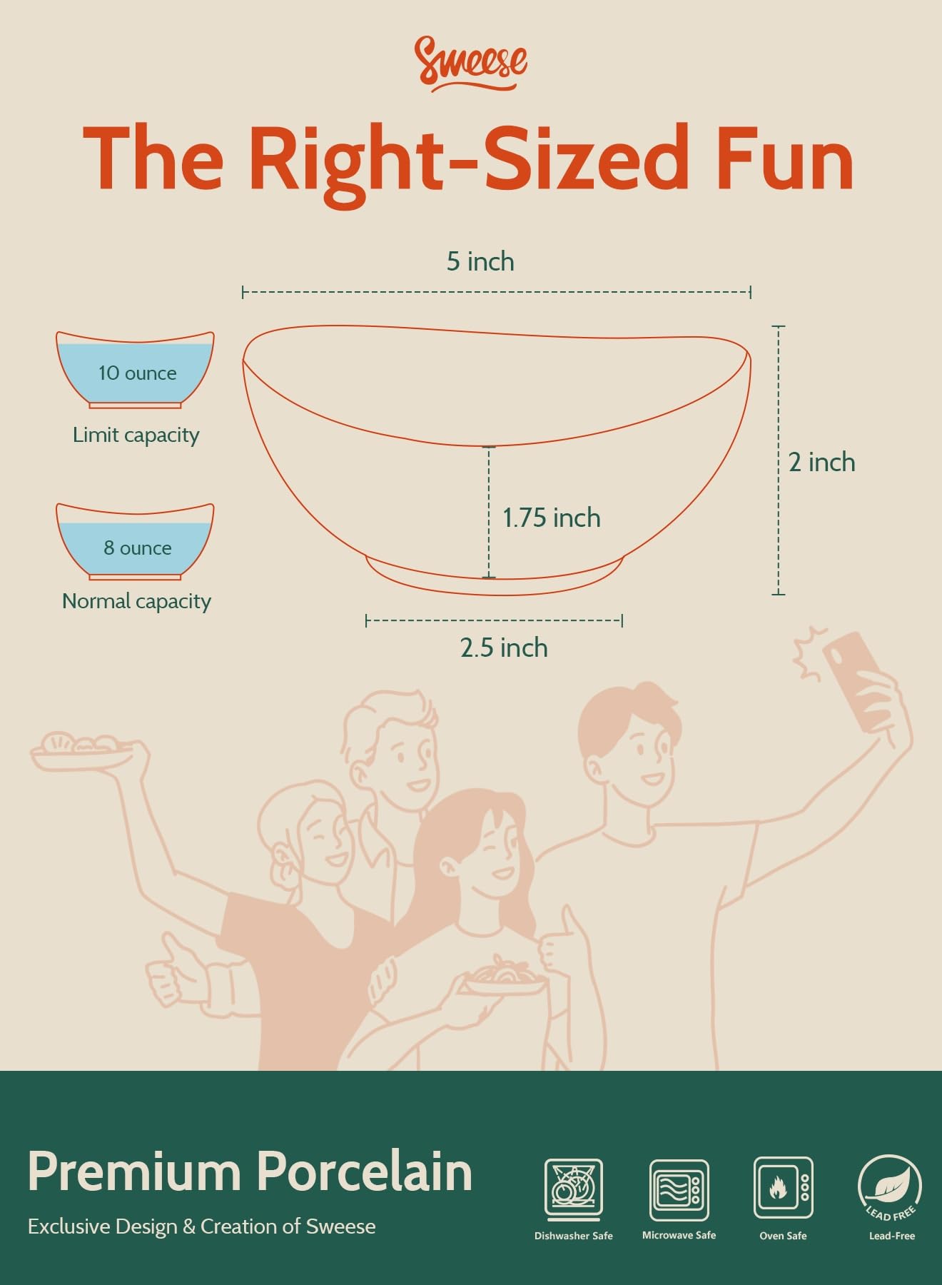 Sweese 5 Inch Porcelain Small 10 Oz Bowls Set Of 6, For Dessert | Ice Cream | Soup | Rice | Fruits | Small Portions - Microwave,