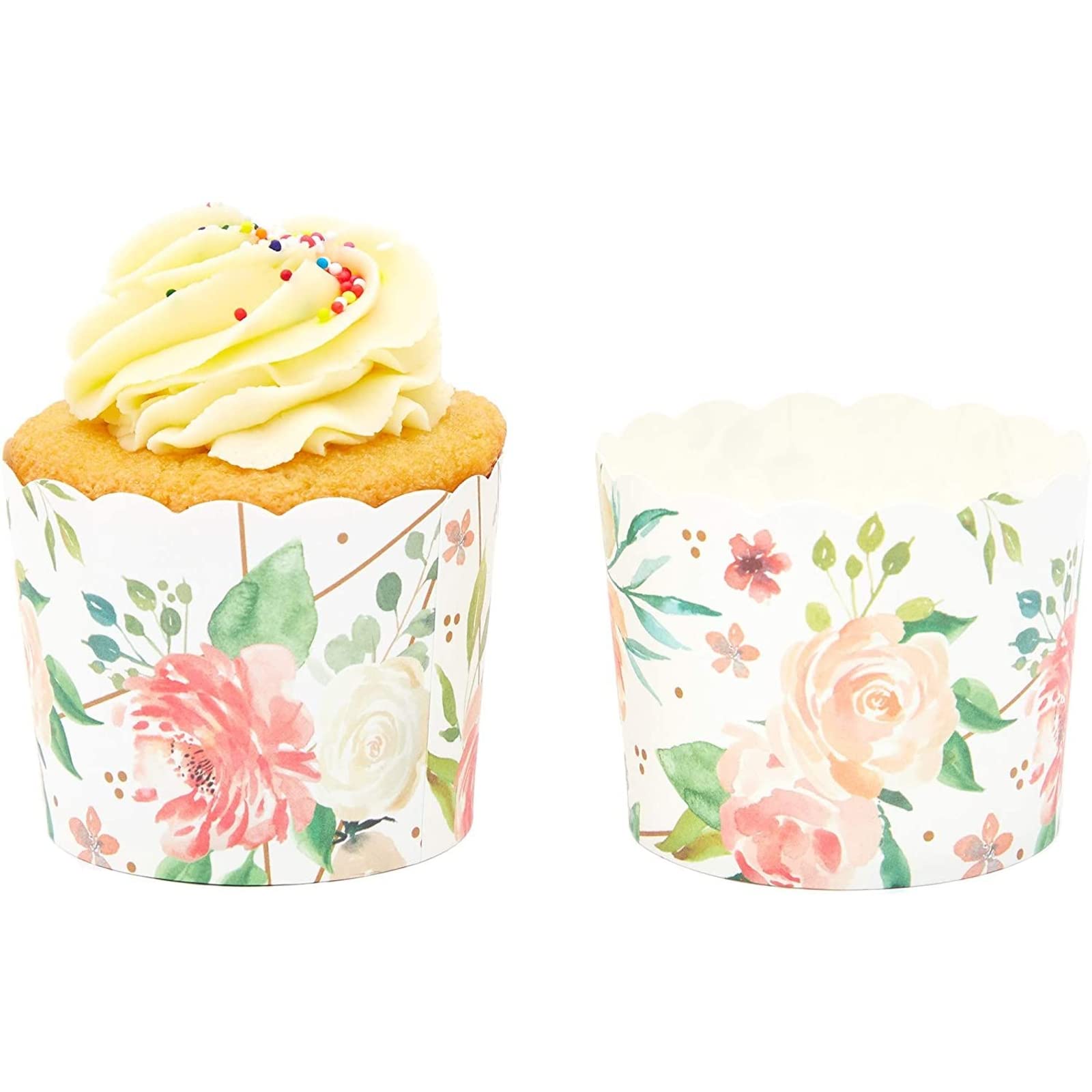 50 Pack Floral Cupcake Wrappers For Wedding, Watercolor Flower Paper Baking Cups And Muffin Liners For Garden Tea Parties, Bakin