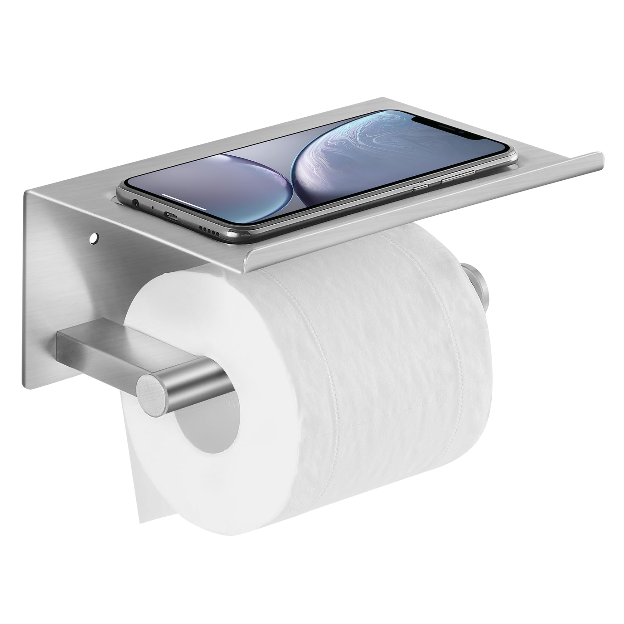 Toilet Paper Holder With Shelf, Wall Mounted Adhesive Holder For Bathroom, Tissue Roll Holder With Phone Storage Shelf, Brushed