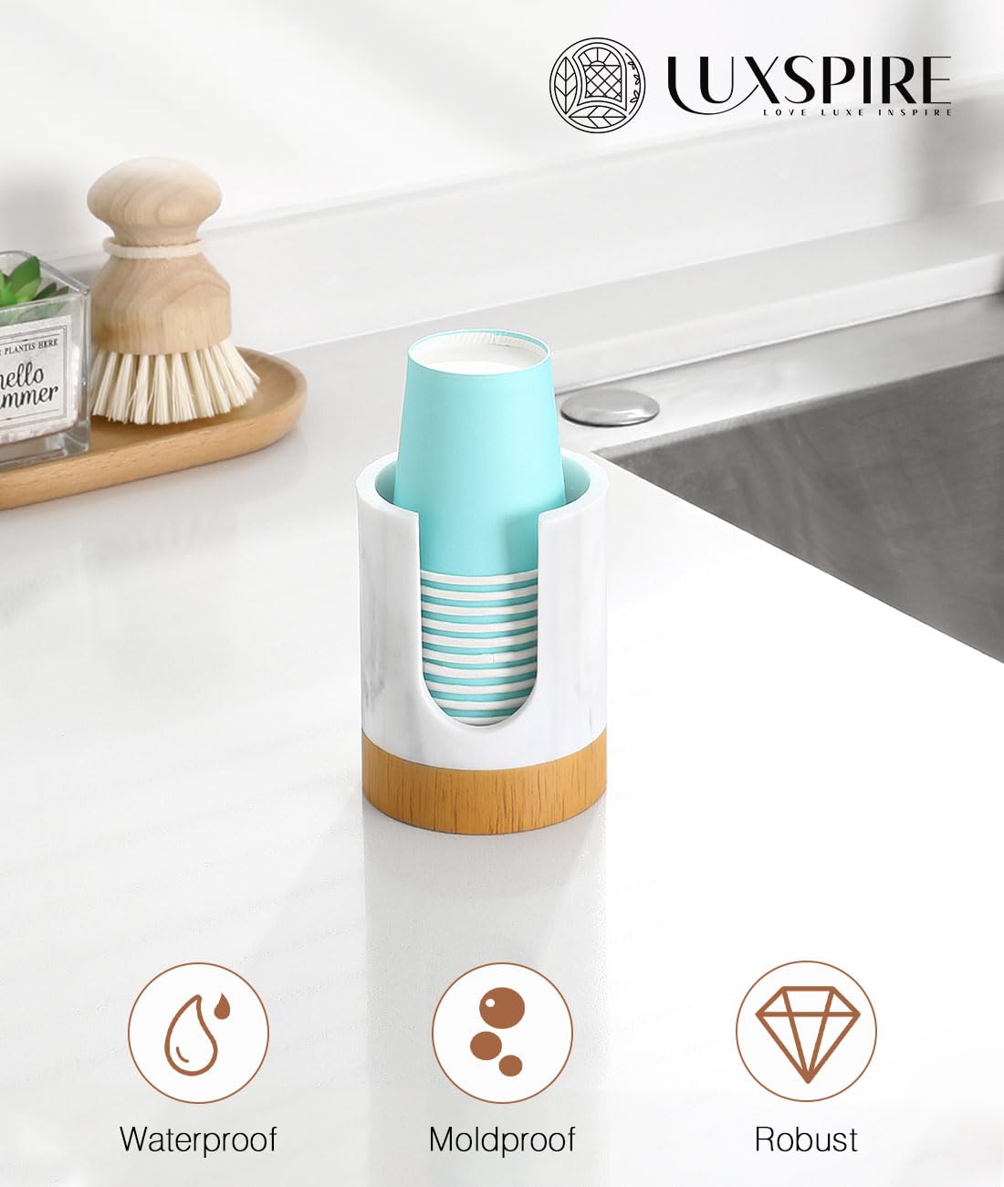 Luxspire Marble Resin Bathroom Cup Dispenser, 3oz Dixie Cup Holder, Gravel White, Model HOLDER220, Guest Bathroom Essential