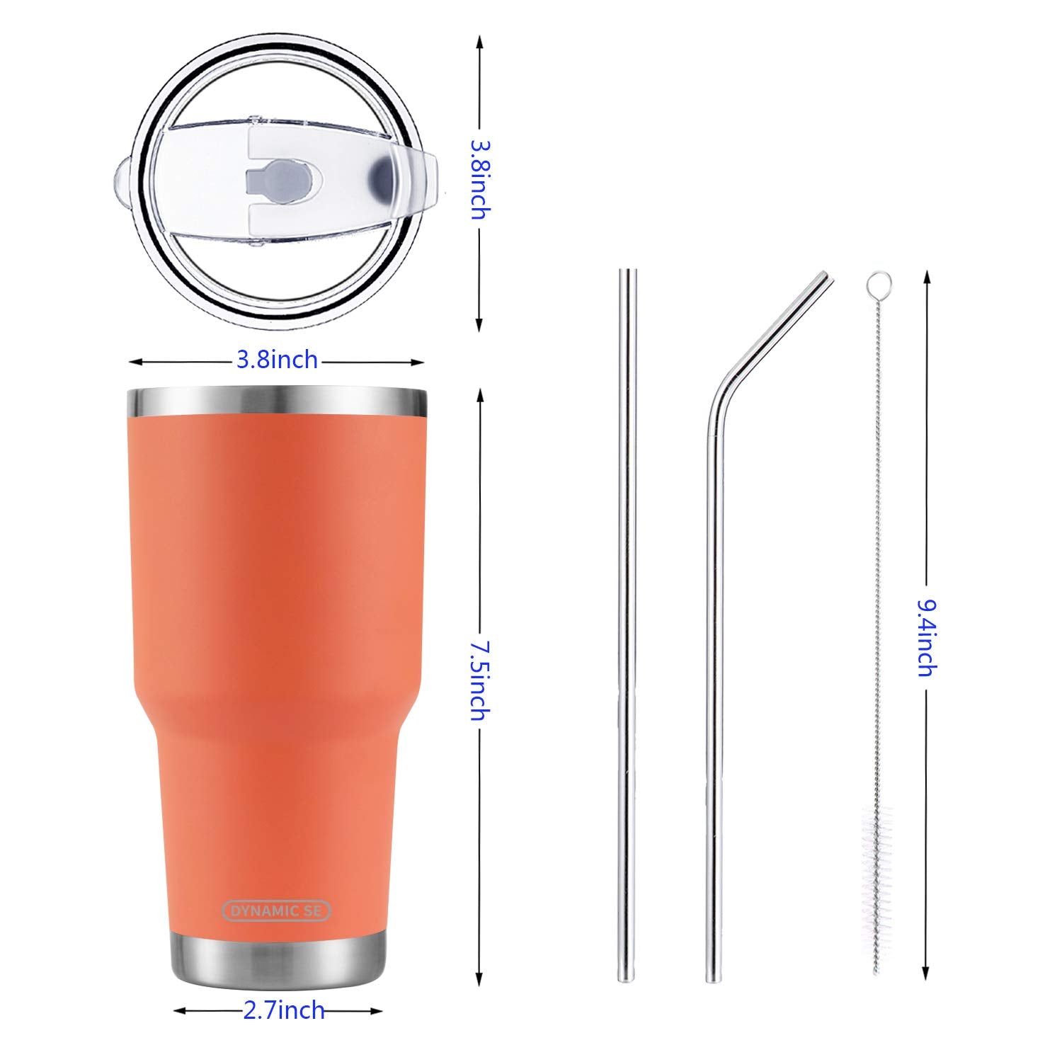 Ds 30Oz Orange Tumbler Stainless Steel Insulated Travel Mug With Straw Lid Cleaning Brush (30Oz Orange)