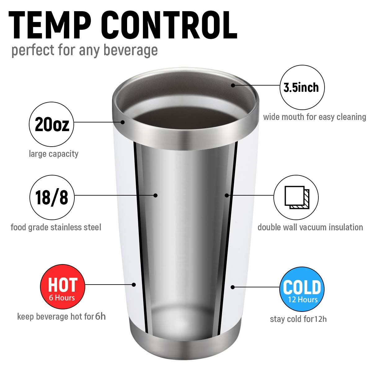 Comooo 20Oz White Tumbler Double Wall Vacuum Insulated Coffee Travel Mug Stainless Steel Tumbler Bulk With Lid And Straw Powder