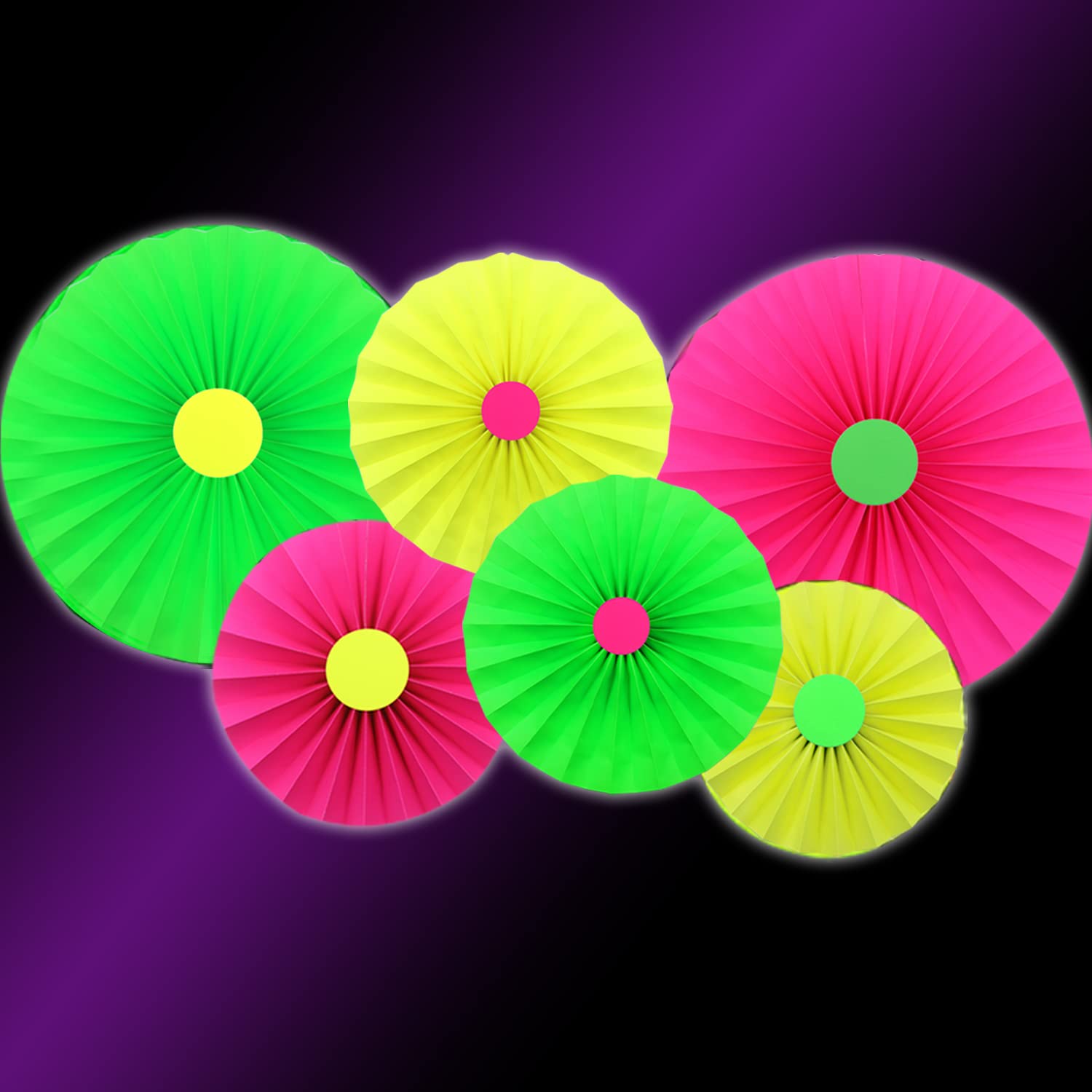 6Pcs Uv Neon Party Hanging Paper Fans Flower Glow In The Dark Glow Party Supplies And Decorations Glow In The Dark Blacklight Re
