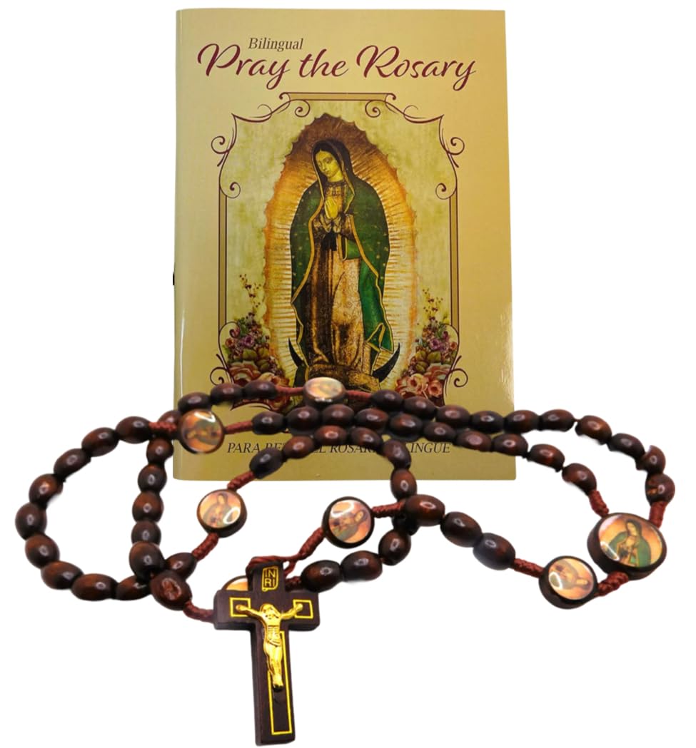 Westmon Works Our Lady of Guadalupe Bilingual Pray the Rosary Set In English and Spanish Wood Bead Nylon Cord Rosary