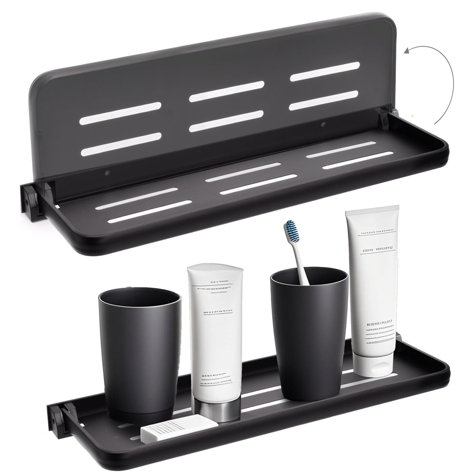 DEAYOU 2 Pack Folding Wall Shelf for Bathroom, 90 Fold Up Floating Shelf, Wall Mounted Drop Down Metal Shelves for RV, Campers, 