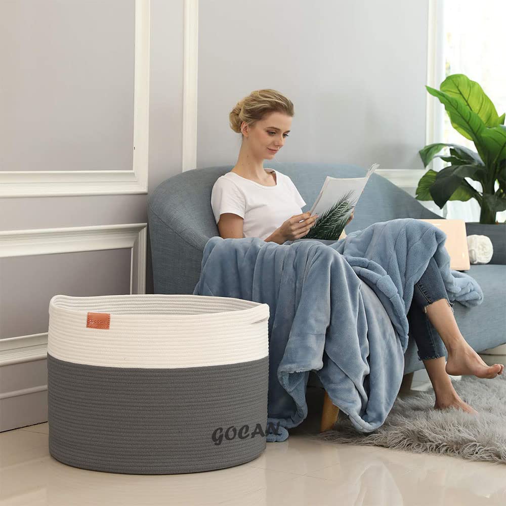 Gocan Extra Large Laundry Basket Toy Storage 22''X22''X14'' Blanket Basket Cotton Rope Woven Baskets With Handles For Living Roo