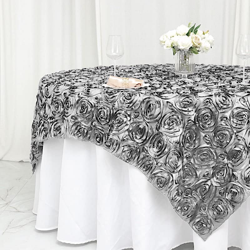 Balsacircle 72X72-Inch Silver Raised Roses Table Overlays - Wedding Reception Party Catering Table Linens Decorations