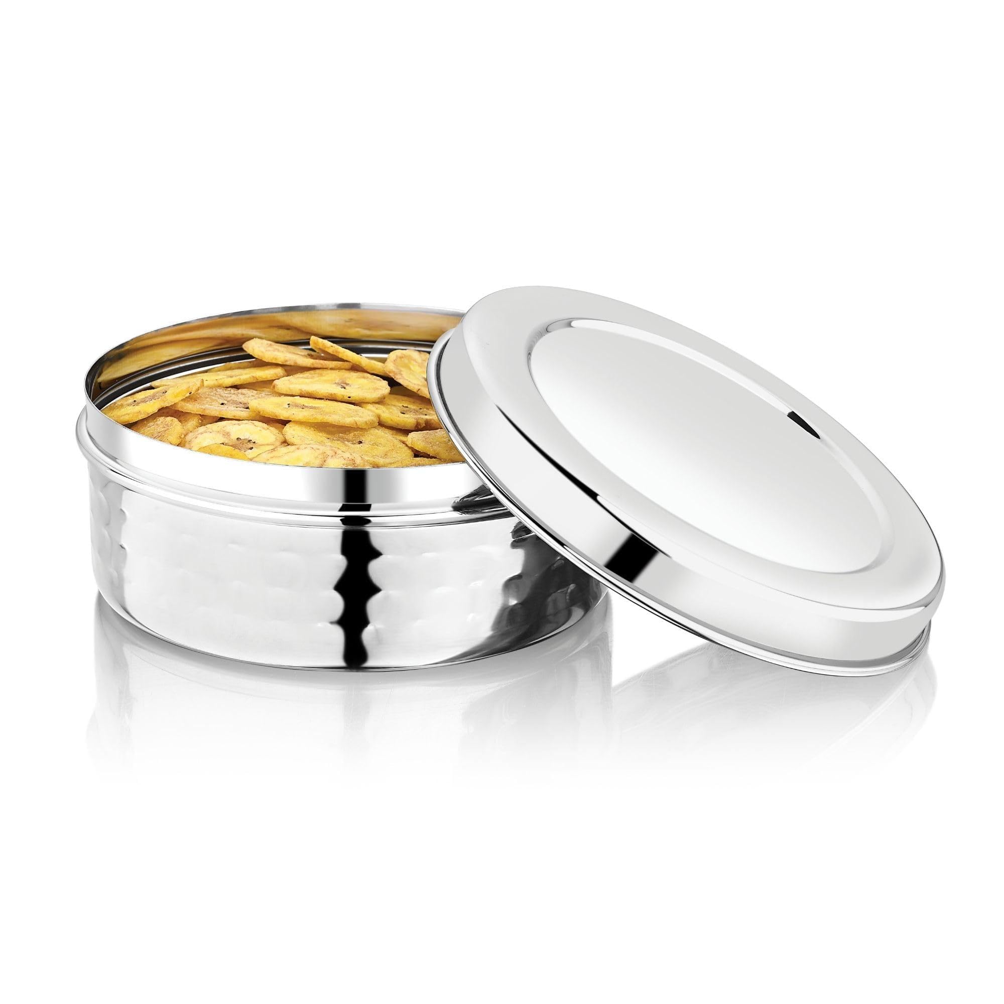 Vinod Hammered Stainless Steel Puri Dabba | 1000Ml Capacity, 14.5Cm Dia | Hammered Finish Multipurpose Stainless Steel Flat Stor
