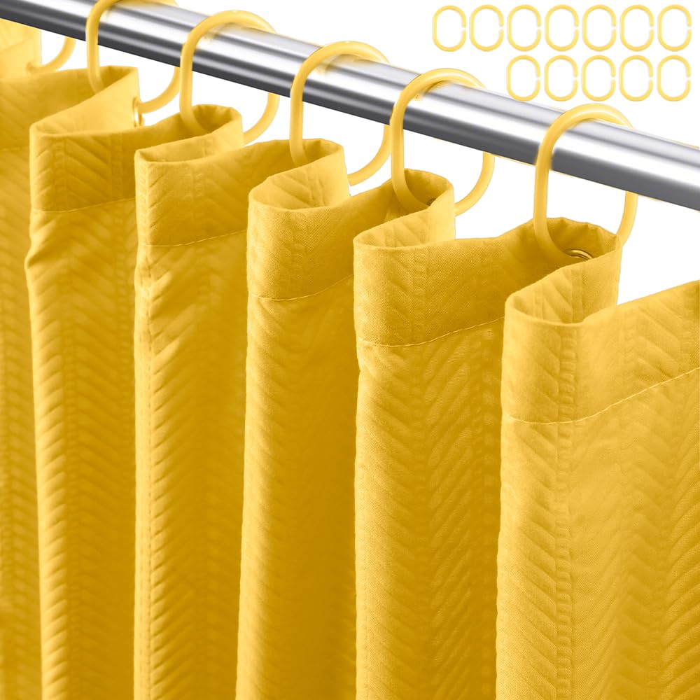 Eazzier Bath Yellow Fabric Shower Curtain Or Liner - Leaf Weave Textured Thin Cloth Shower Curtains For Bathroom, Hotel Luxury L