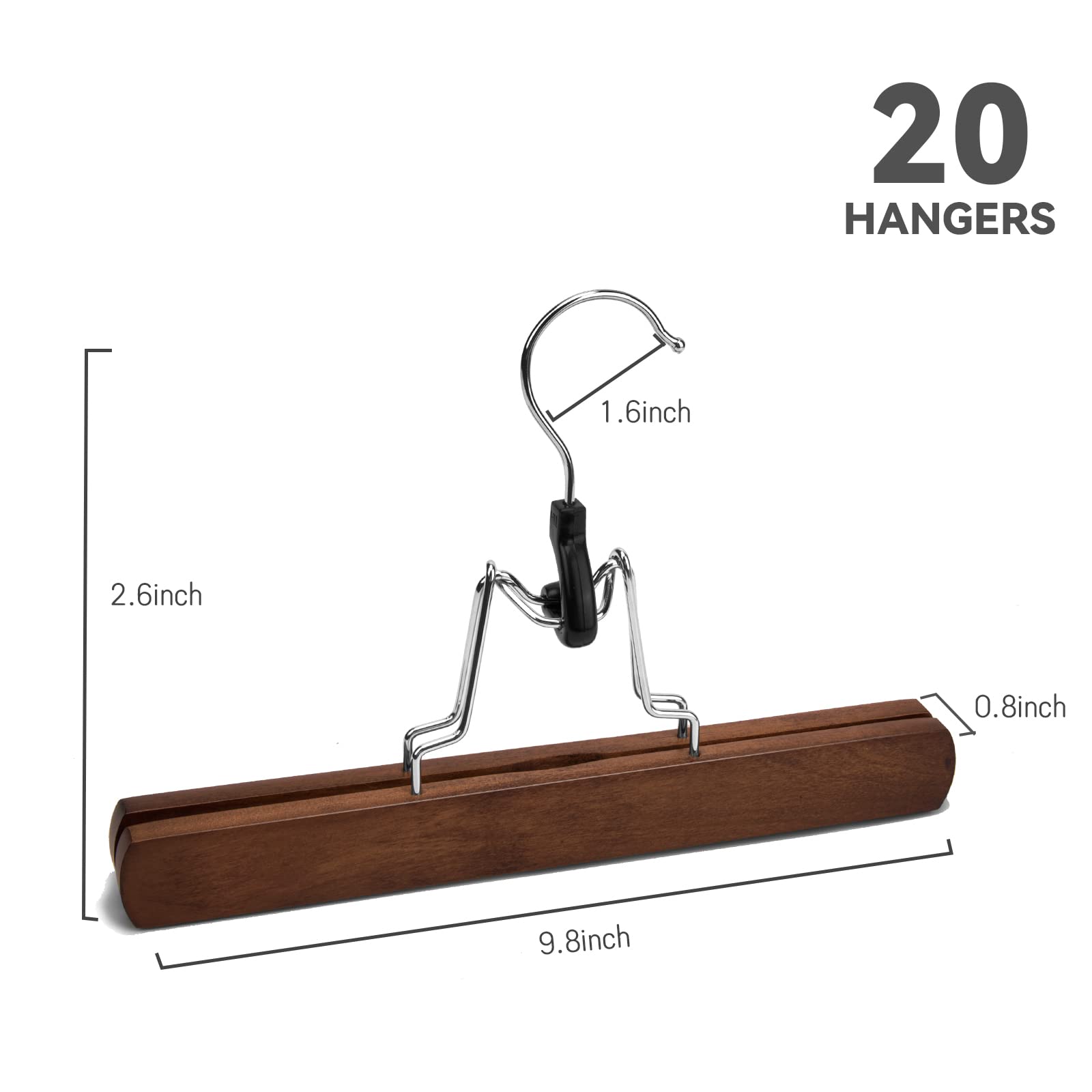 Nature Smile Wooden Pants Hangers 20 Pack Non Slip Skirt Hangers, Smooth Finish Solid Wood Clamp Hangers Hair Extension Hangers