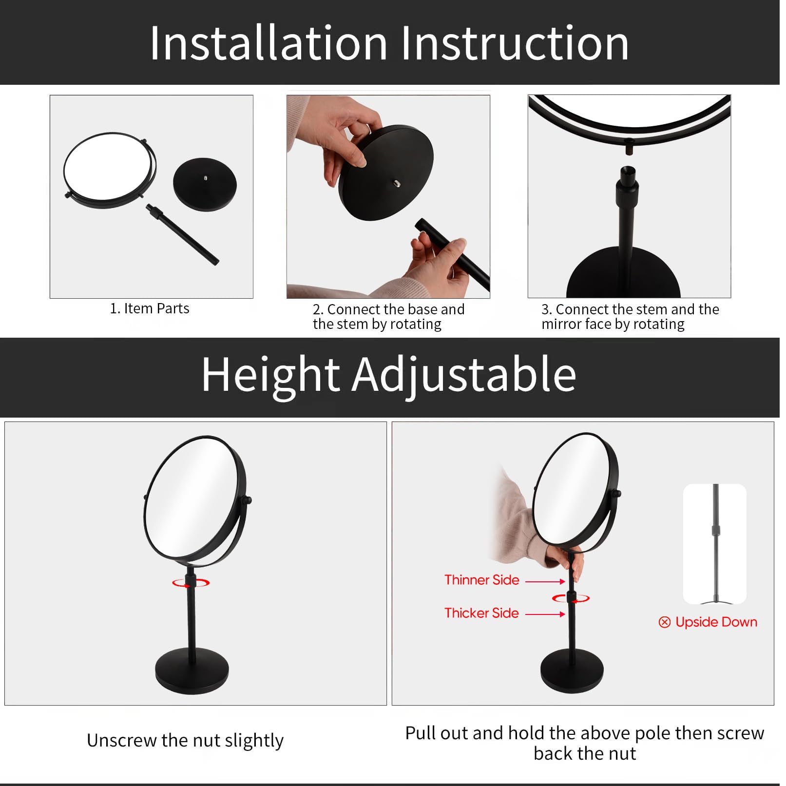 Nicesail 21 Inch Tall Makeup Mirror With 10X Magnification, 8 Inch Magnifying Mirror Tabletop With Pedestal, Height Adjustable B