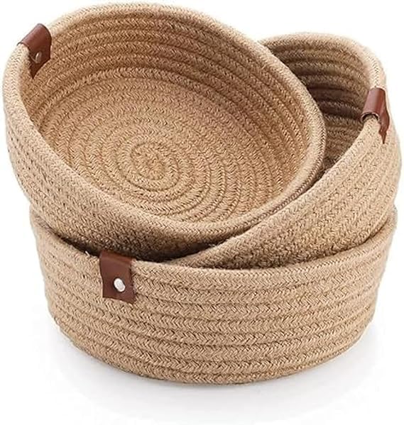 Sanwalsa [Set Of 39,8,7 Inch, Round, Beige] Handwoven Jute Cotton Basket | EcoFriendly Shelf Baskets For Kitchen, Living Ro