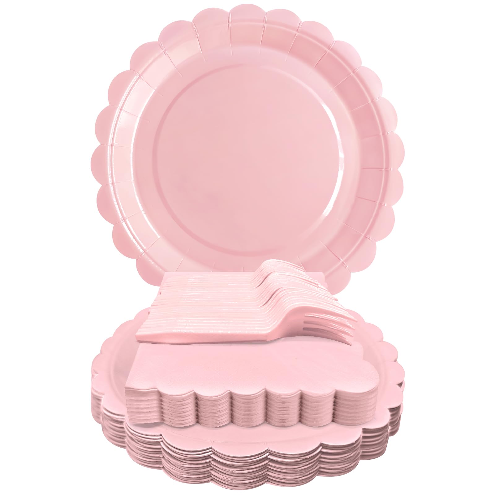 WYQJHKV Pink Paper Plates and Napkins,7 Inch Pink Scalloped Disposable Dessert Plates Paper Napkin Fork Party Supplies for Mothe