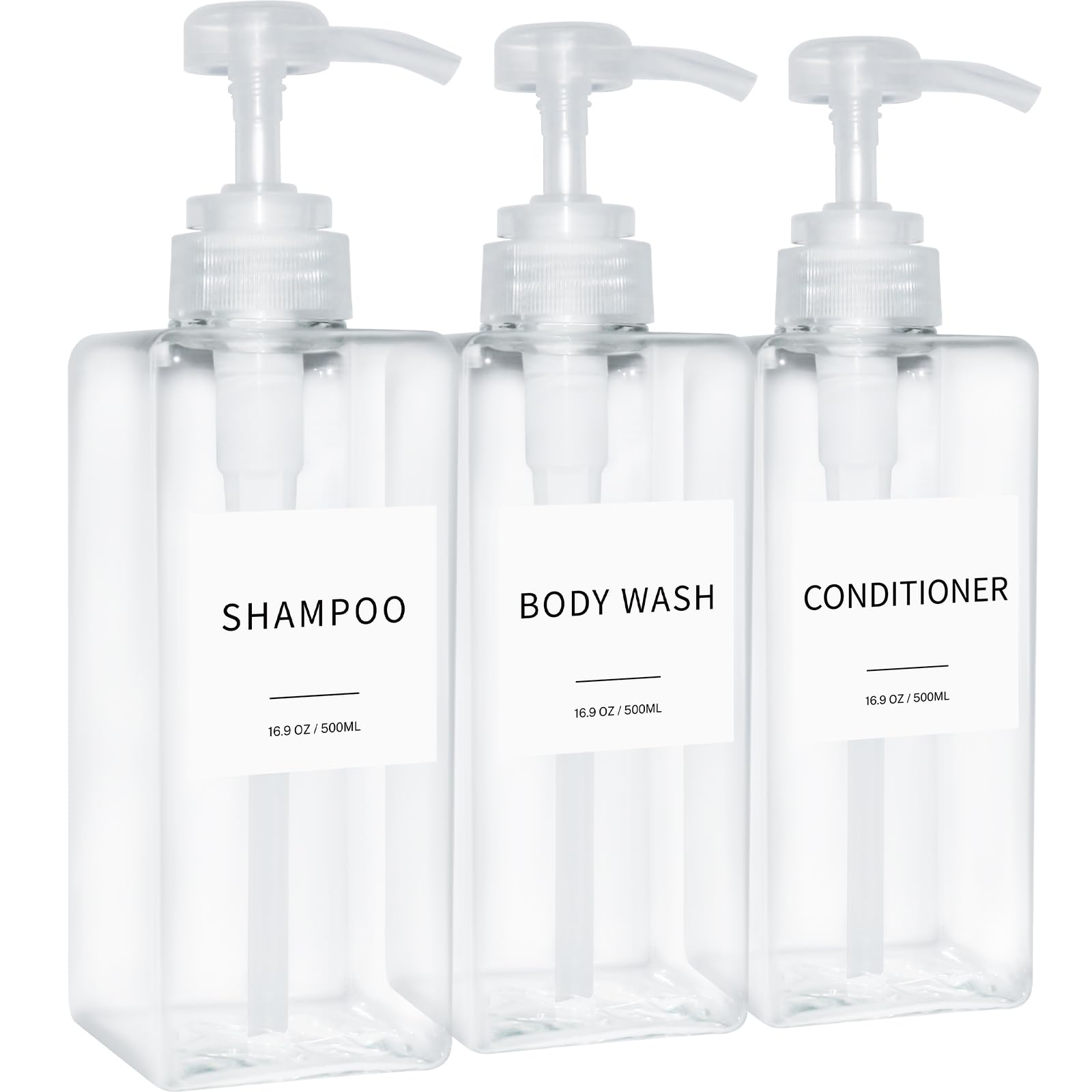 Shampoo And Conditioner Dispenser, Refillable Plastic Shampoo Pump Bottles With Waterproof Labels, Empty Body Wash Dispenser Set