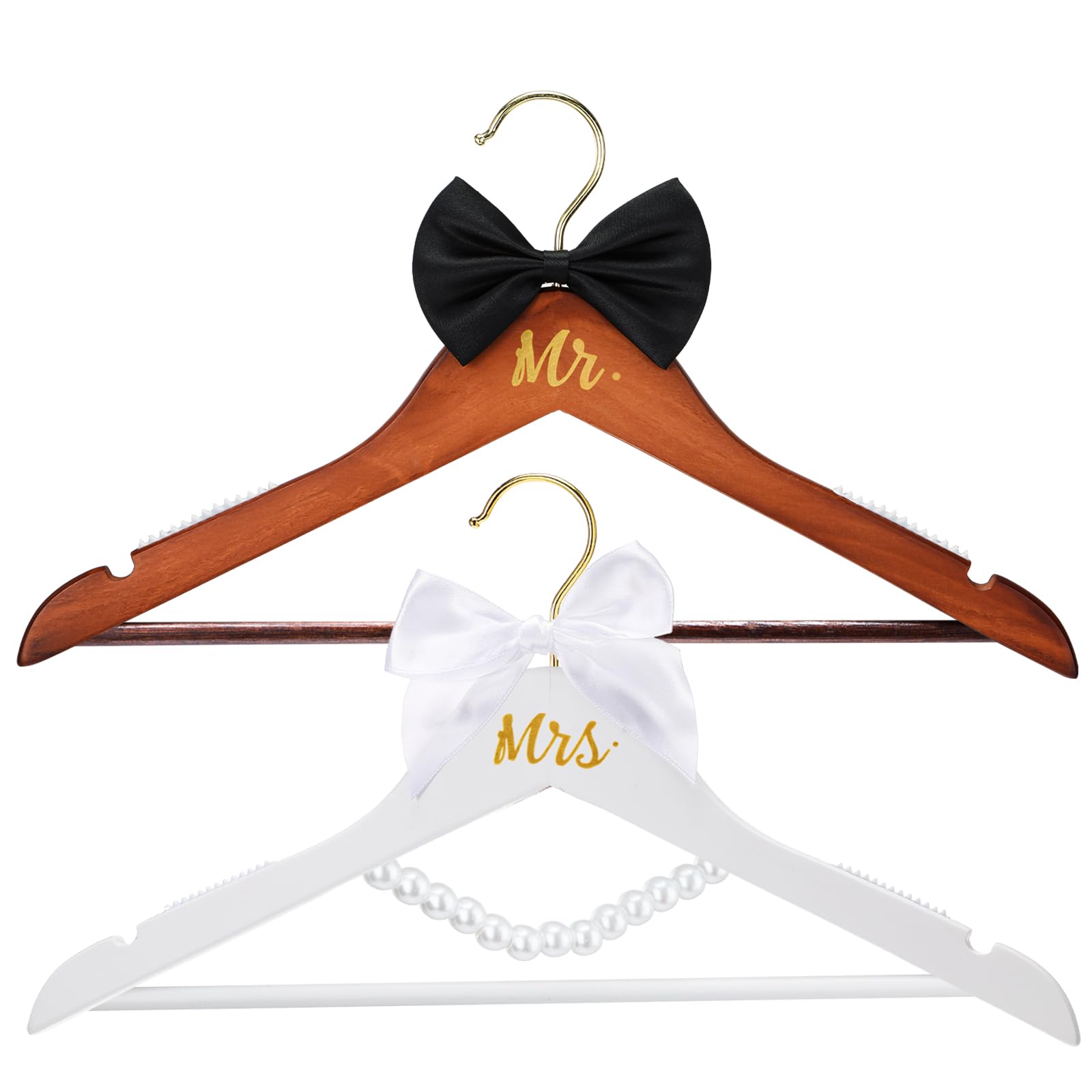 Beeveer 2 Pcs Bride Hanger Bride and Groom Wooden Wedding Dress Hanger Set with Bow Tie for Tuxedo Suit Wedding Gift Bridal Part