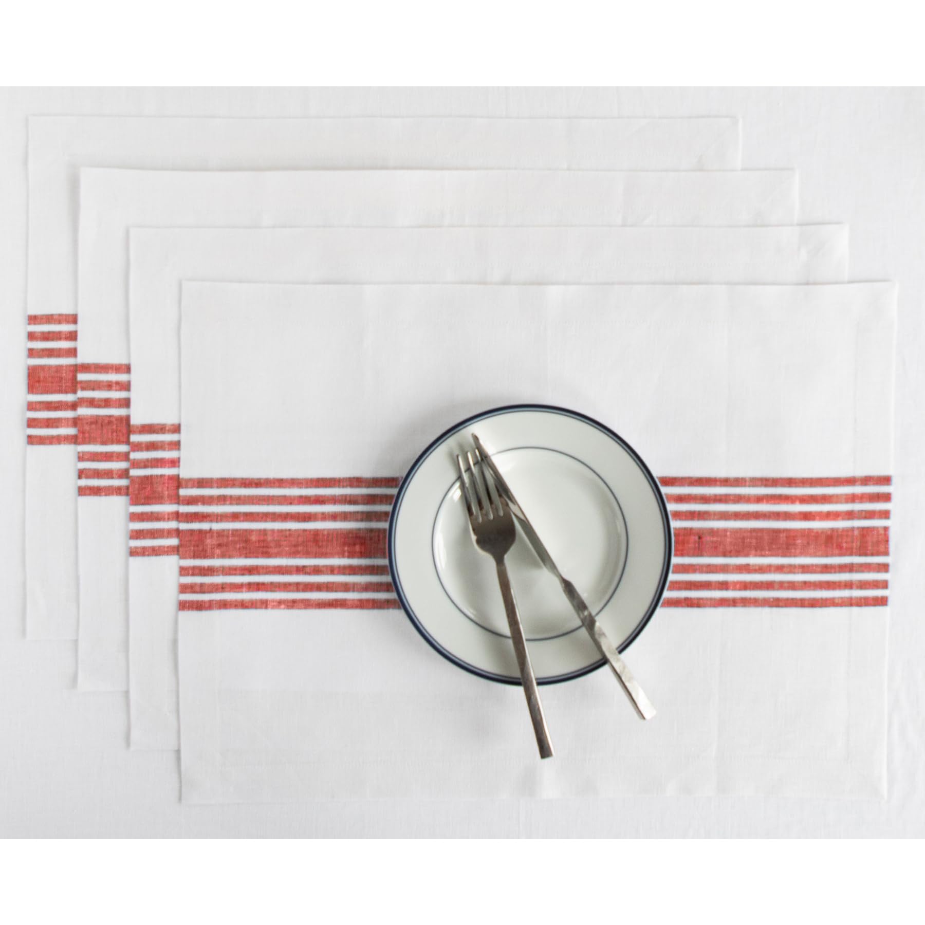 Solino Home Farmhouse Linen Placemats 19'' L X 14'' W Inch - 100% Pure Linen Stripe Red And White Cloth Placemats Set Of 4 - Was