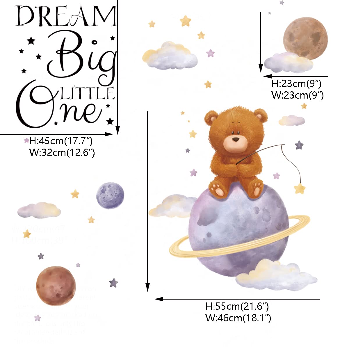 Runtoo Dream Big Little One Wall Art Sticker Inspirational Quotes Bear Space Wall Decals for Nursery Girls Bedroom Kids Home Decor