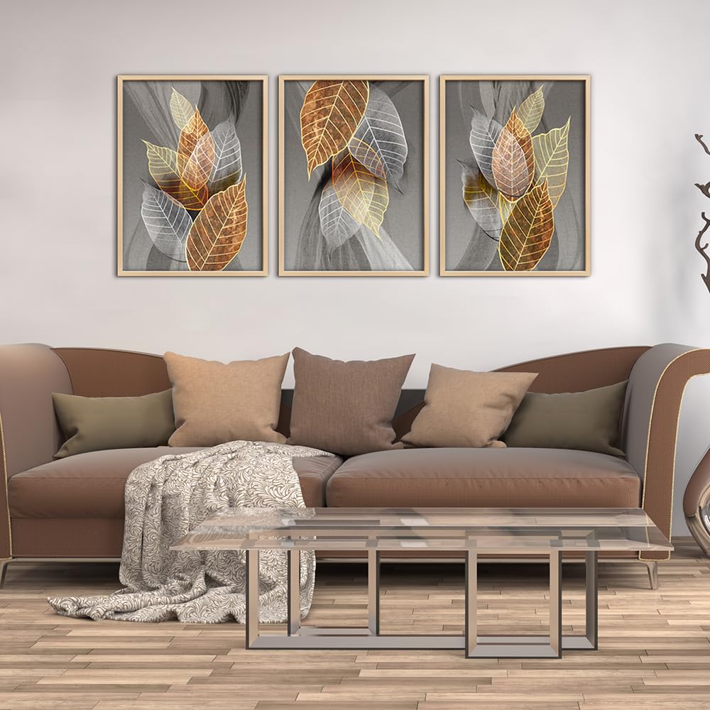 Natural Wood Framed Wall Art For Living Room Large Size Wall Decorations For Bedroom Office Wall Decor Abstract Leaves Painting