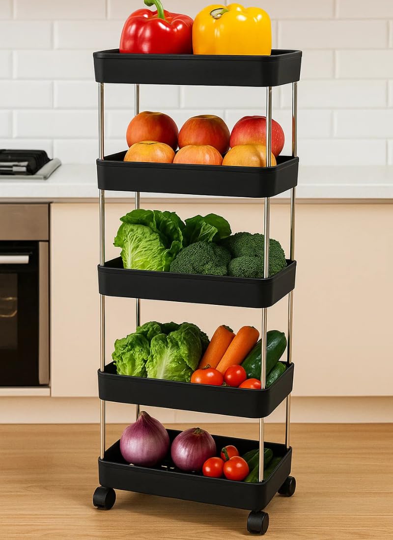 Leaffybezz Plastic Multipurpose 5Tier Storage Shelf, Storage Rack With Wheels, Storage Organizer Cart For Kitchen, Pantry Close