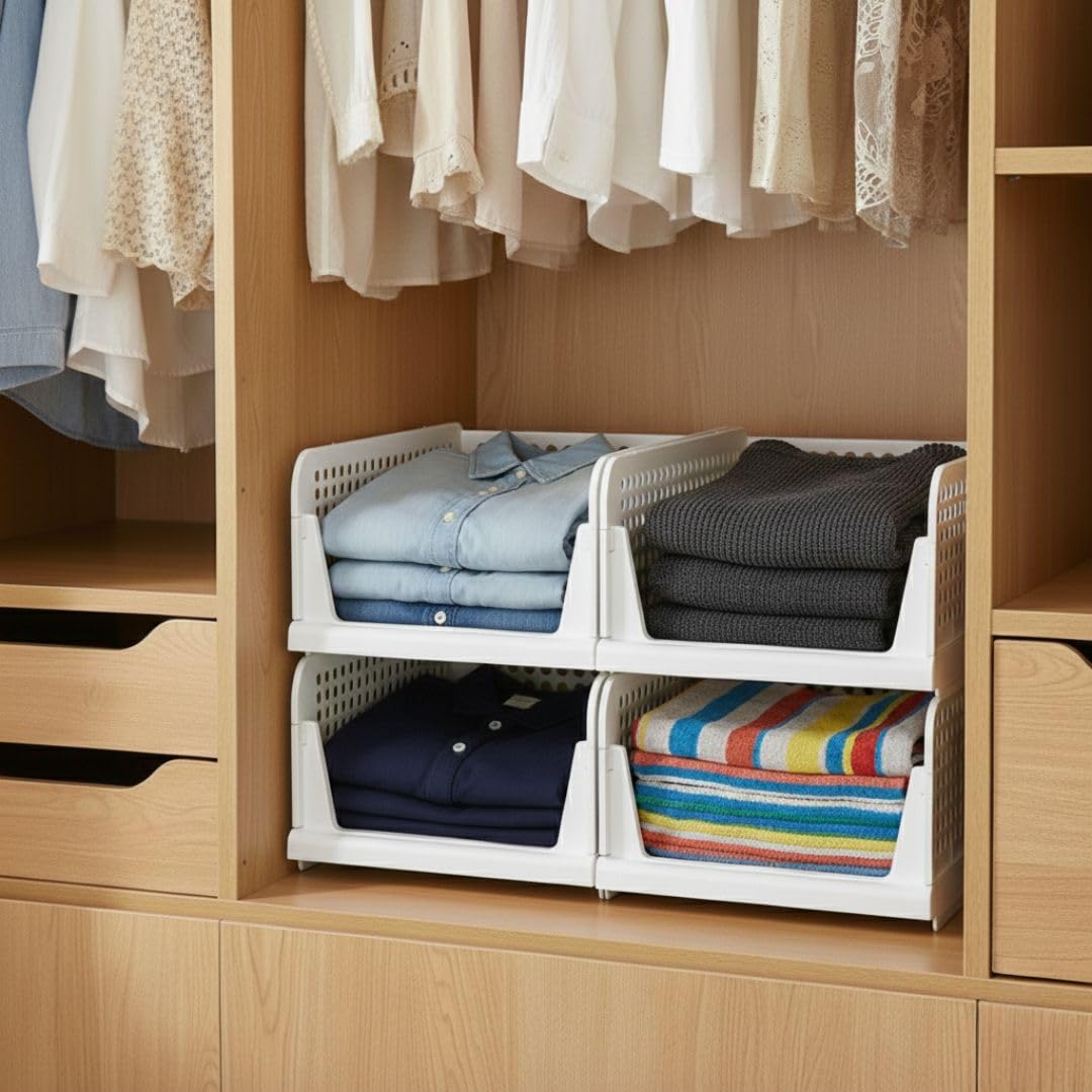 Aliensware 4Pcs Large Size Clothes Storage Rack, Cloth Organizer For Cupboard, Wardrobe, Stackable & Foldable Basket Closet Orga
