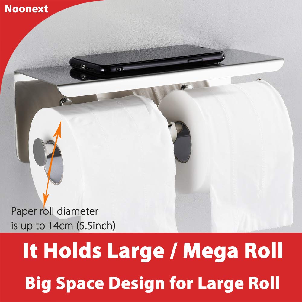 Double Toilet Paper Holder with Phone Shelf  Dual Roll Paper Dispenser with Shelf  Polished Chrome  Toilet Tissue Roll Holder with Rack  Adhesive No Drilling or Wall-Mounted with Screws