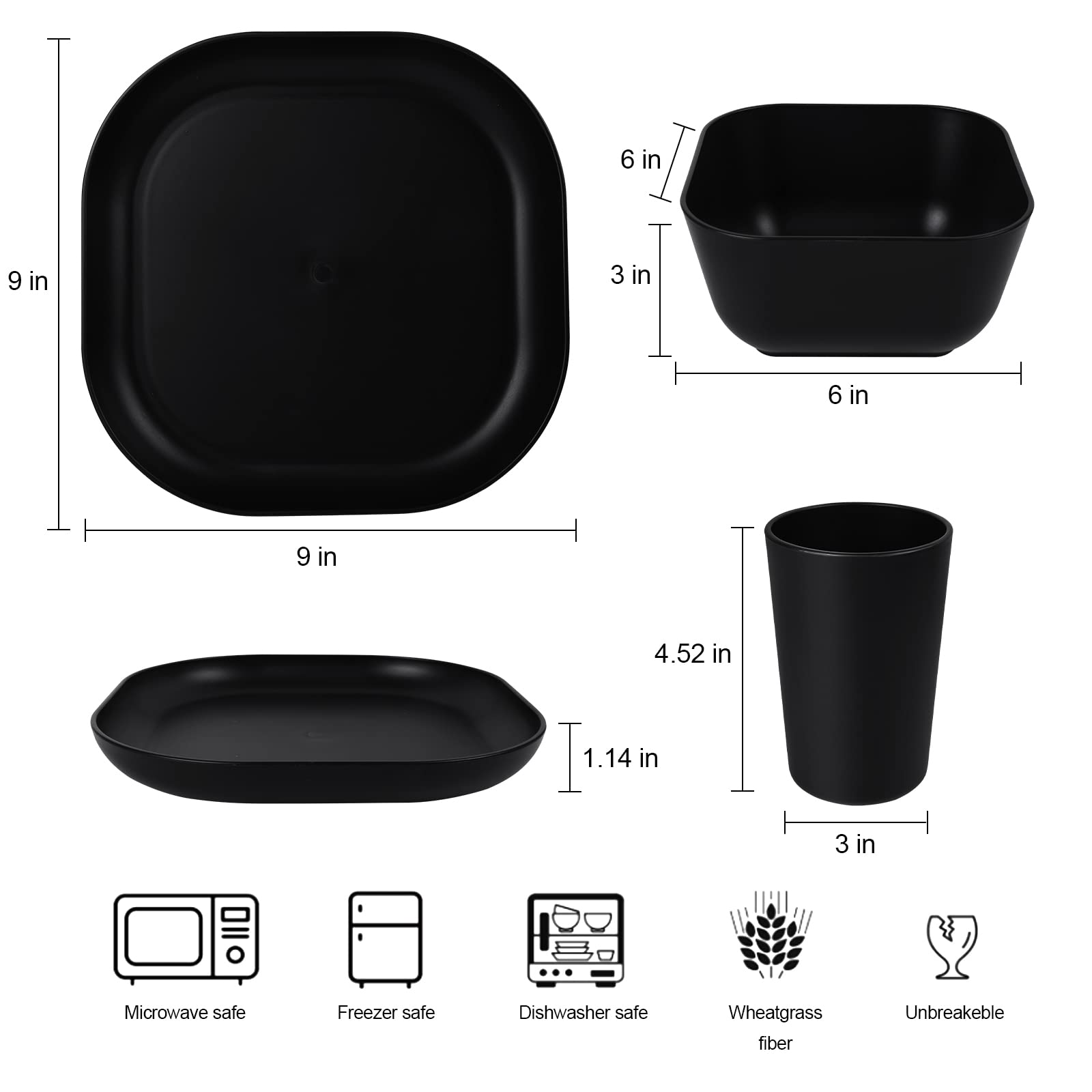 afcevnlb 24 Piece Wheat Straw Square Dinnerware Sets for 4, Unbreakable Dinner Plates and Bowls Sets for Camping Party Grill (Bl
