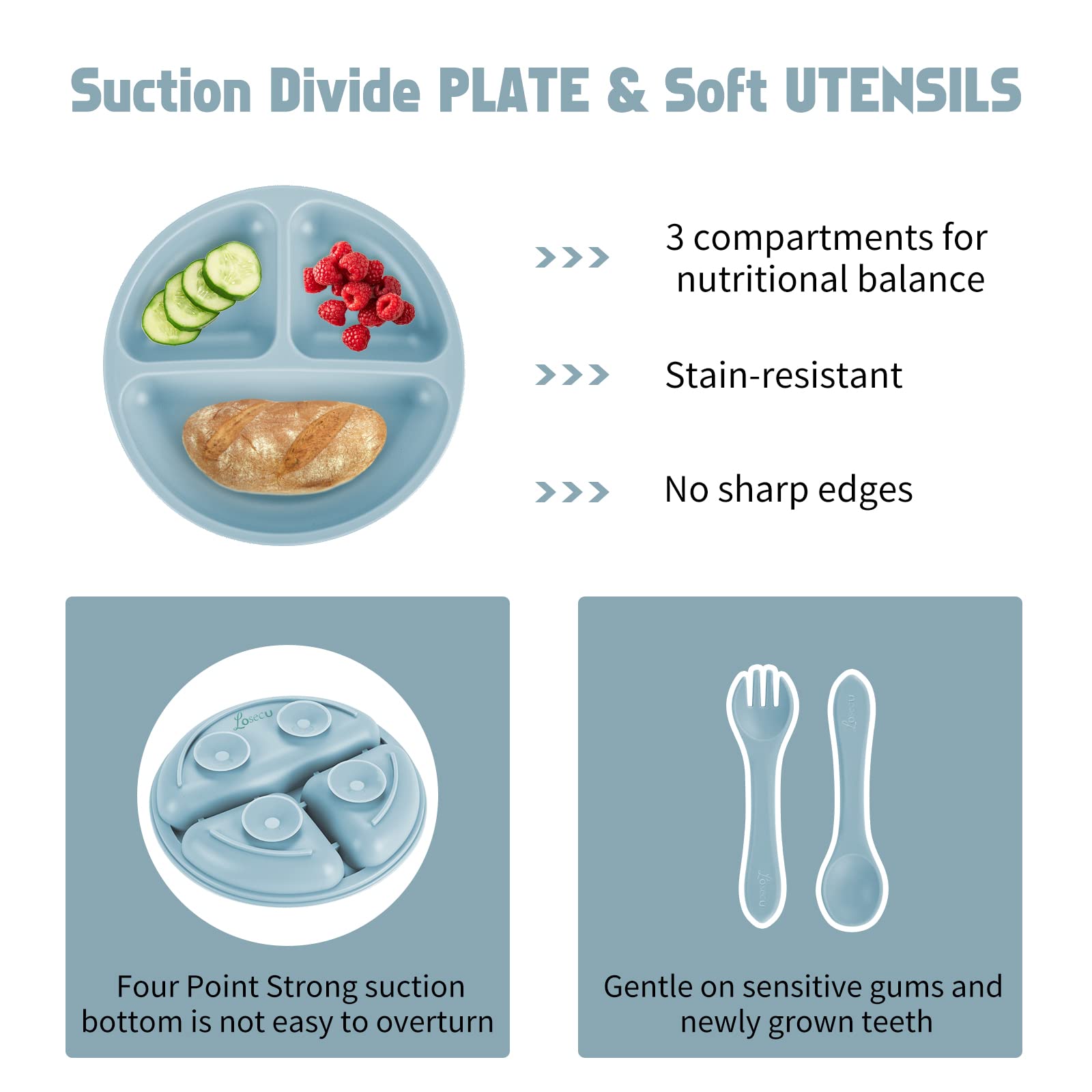 Losecu Silicone Baby Feeding Set|Baby Led Weaning Supplies Set|Suction Baby Plate Bowl Set with Bib Spoon Fork Sippy Cup|Baby Fe