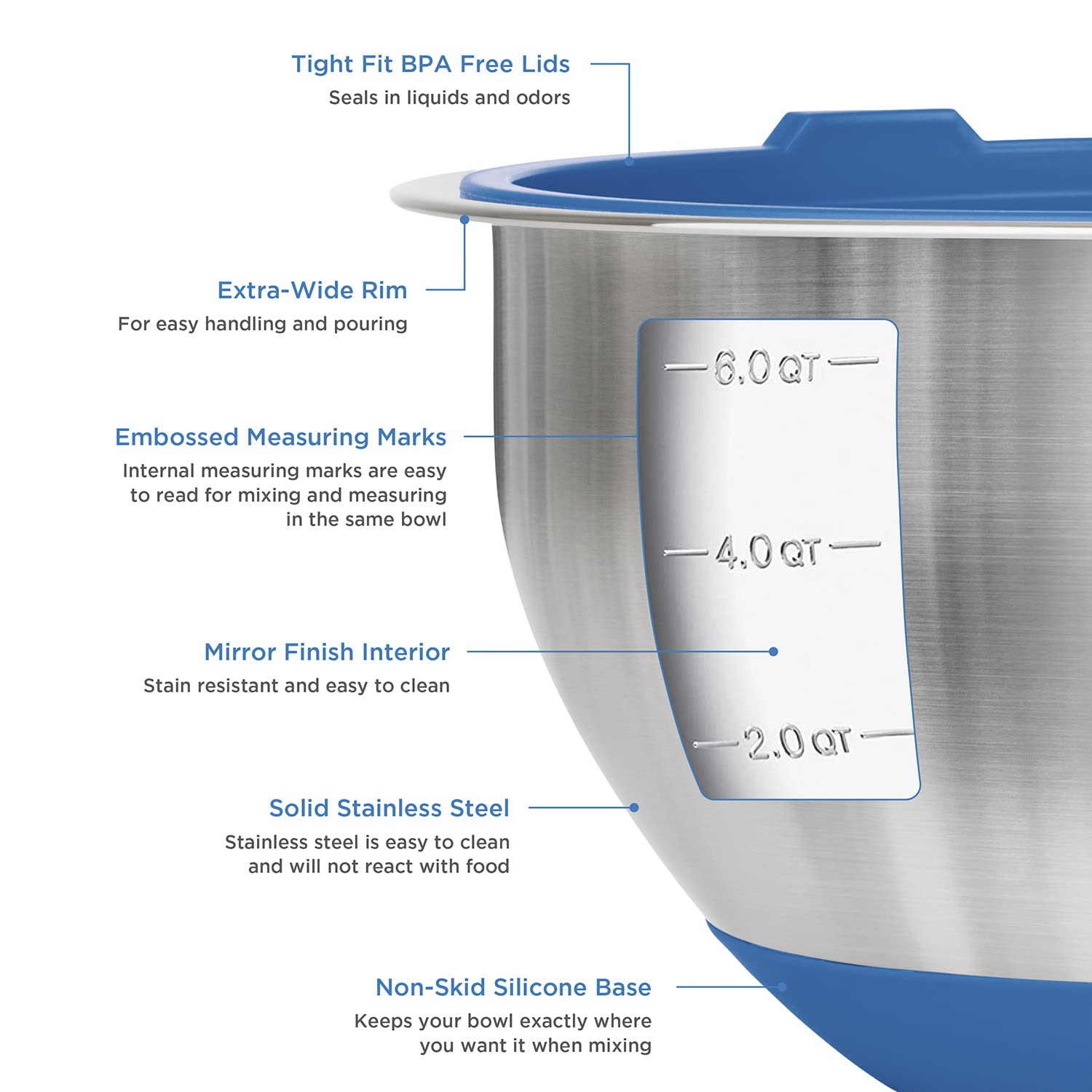 Viking Culinary Stainless Steel Mixing Bowl Set, 10 Piece, Non-Slip Silicone Base, Includes Airtight Lids, Dishwasher Safe, Blue