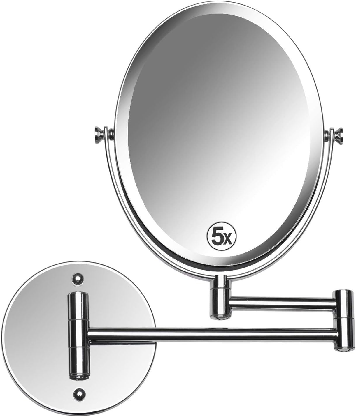 Wall Mounted Bathroom Makeup & Shaving Mirror, Double Sided 5X & 1X Magnification, 13-Inch Extension Swivel Arm, Oval 6.6'' X 8.