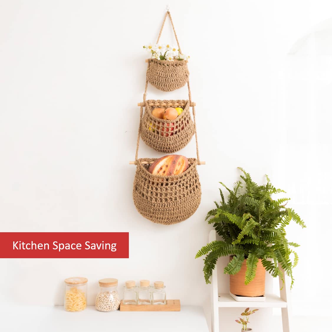 Hanging Fruit Basket, 3 Tier Woven Jute Wall Hanging Basket For Organizing, Hanging Produce Basket For Fruit & Vegetable Storage