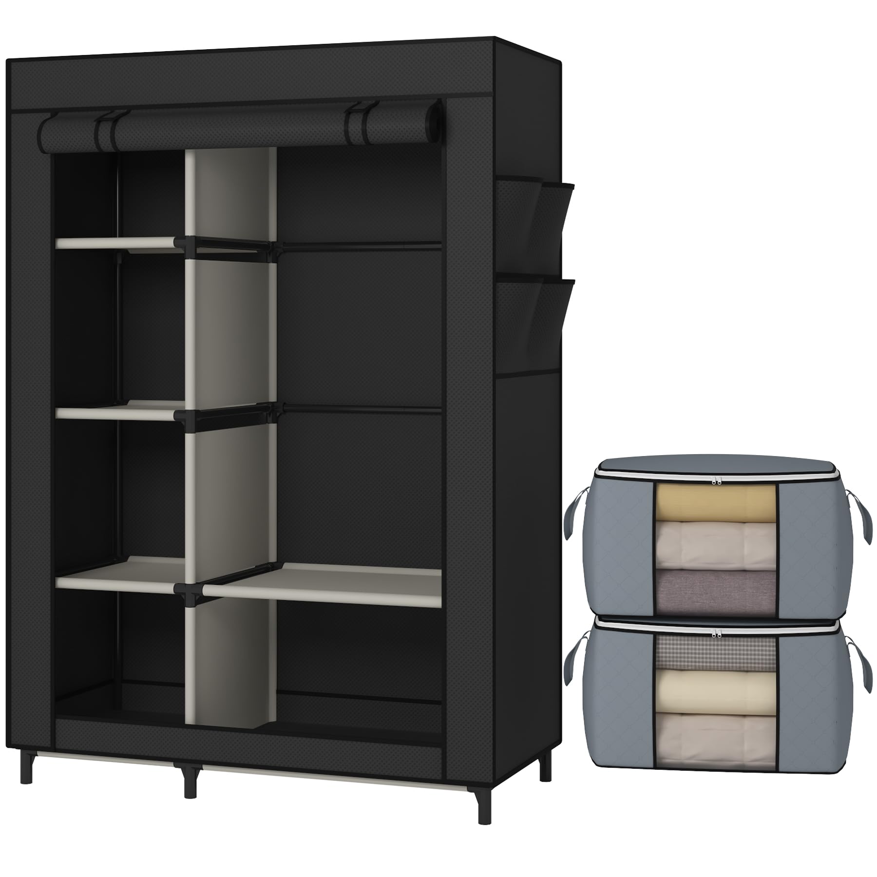 Calmootey Portable Closet, Wardrobe With 6 Shelves And Hanging Rod, Storage Organizer For Bedroom, Non-Woven Fabric Cover With 4