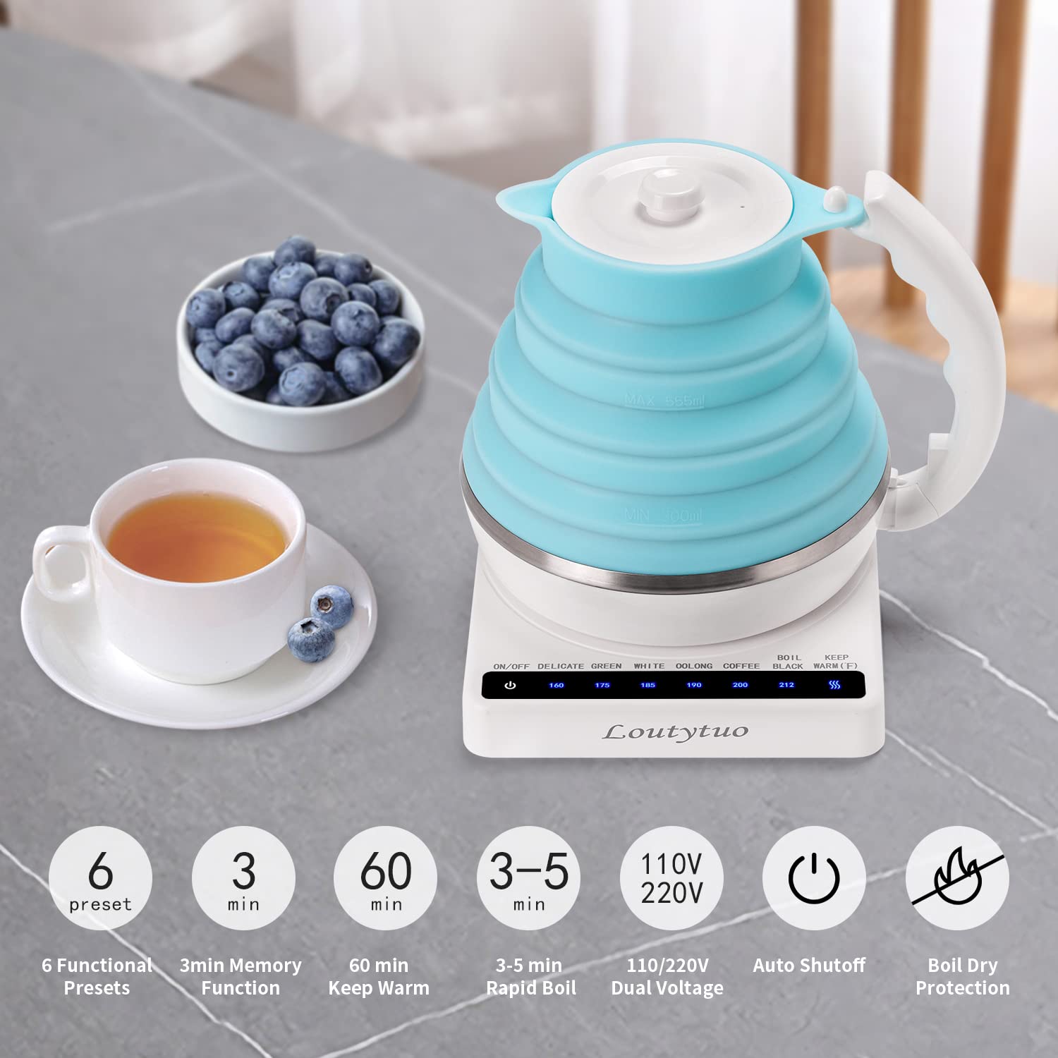 Ultrathin Food Grade Silicone Travel Foldable Electric Kettle Variable Temperature Control with Dual Voltage  Auto Shutoff & Boil Dry Protection & Keep Warm  555ML 110-220V US Plug