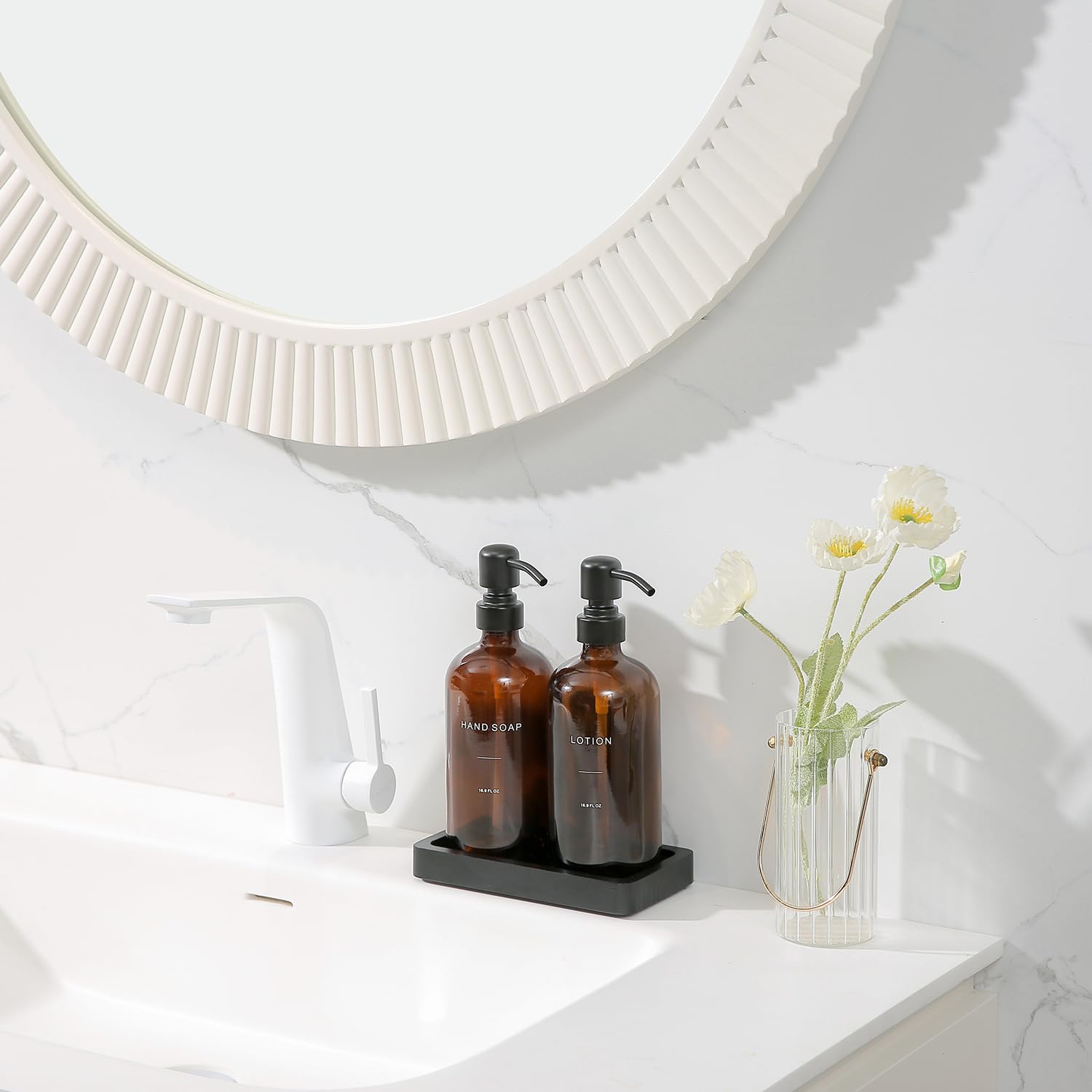 Prus Waso Amber Glass Soap Dispenser Set, Hand Soap And Lotion Set With Black Stainless Steel Pump, Perfect For Modern Bathroom