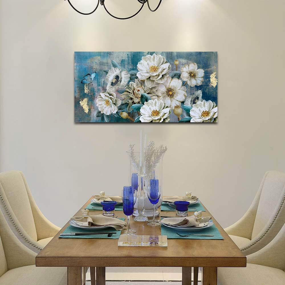 Arjun Flowers Canvas Wall Art White Elegant Modern Picture Gold Foil Rustic Painting Colorful Turquoise Floral Large Teal Artwor