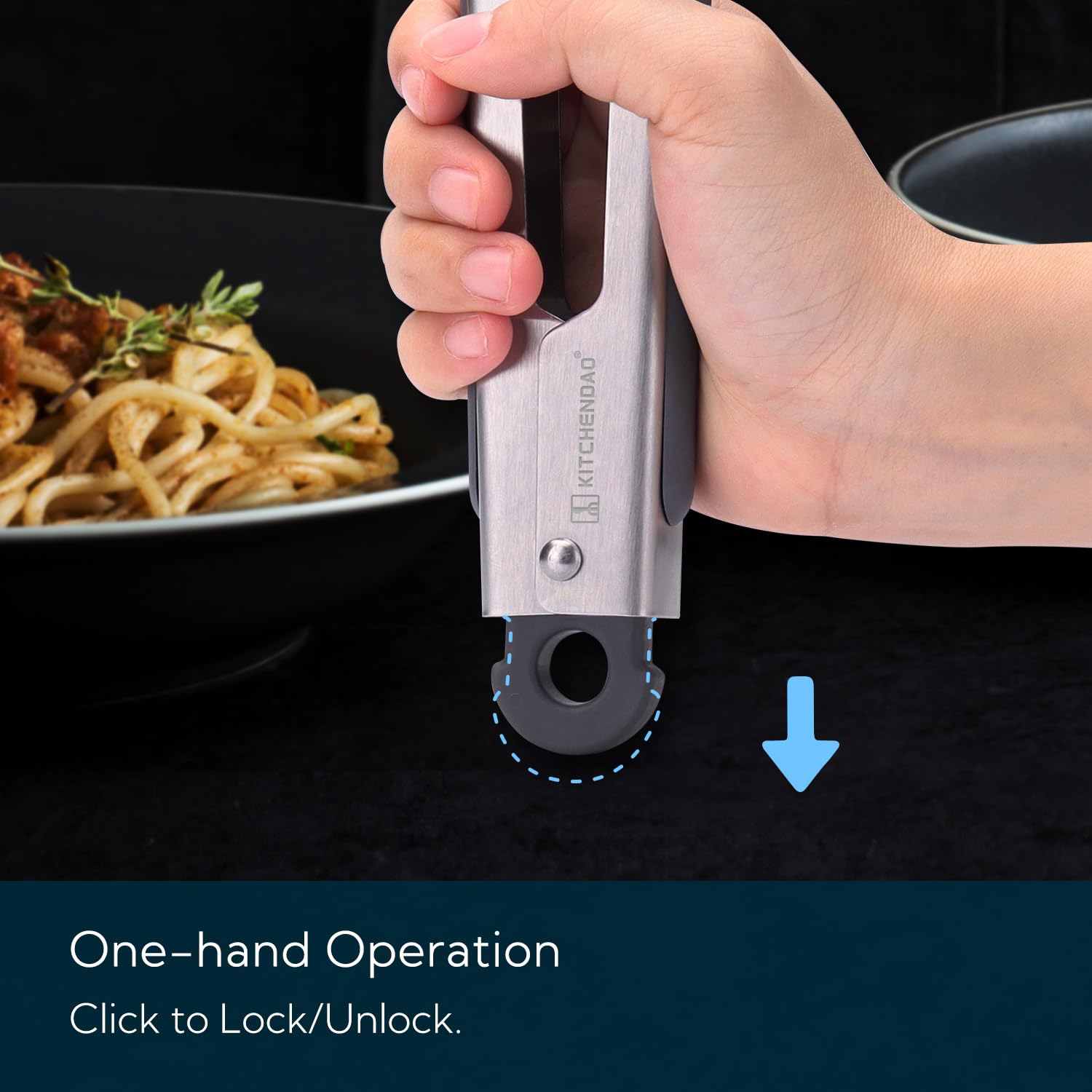 Kitchendao Tongs For Cooking With Silicone Tips 9 Inch, One-Handed For Convenience, Soft-Touch Handle, Silicone Tipped Stainless